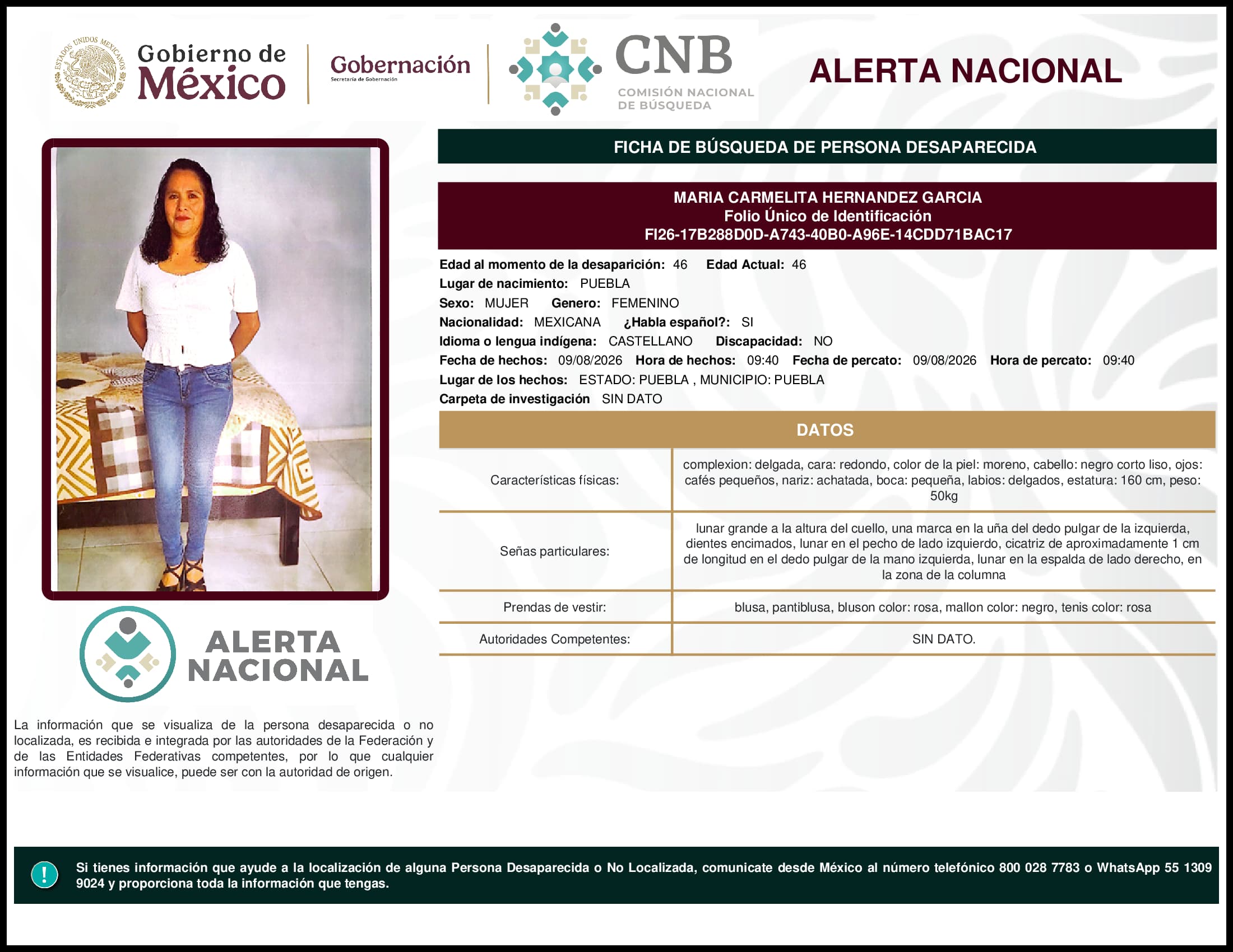 Persona desaparecida Maria Carmelita Hernandez Garcia