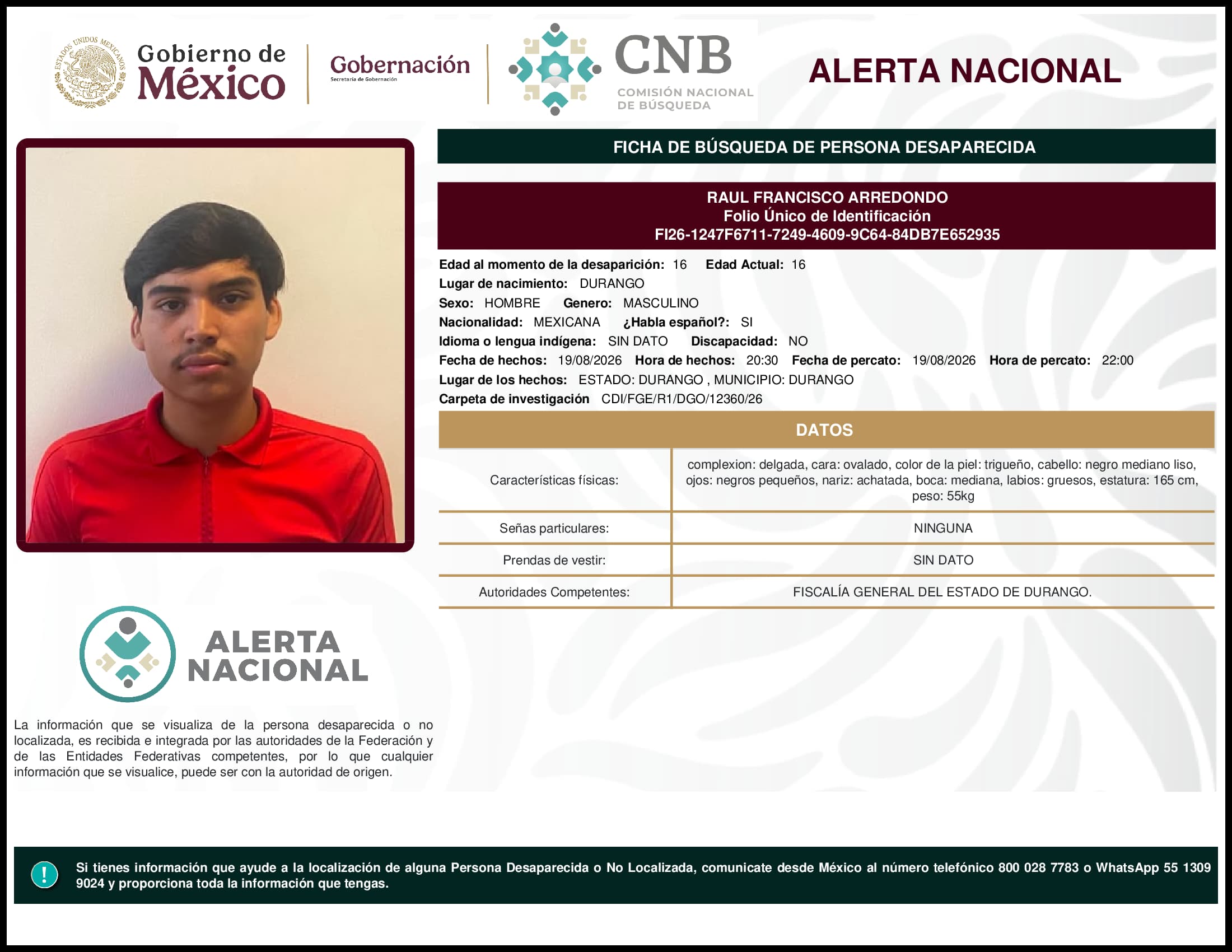 Persona desaparecida Raul Francisco Arredondo