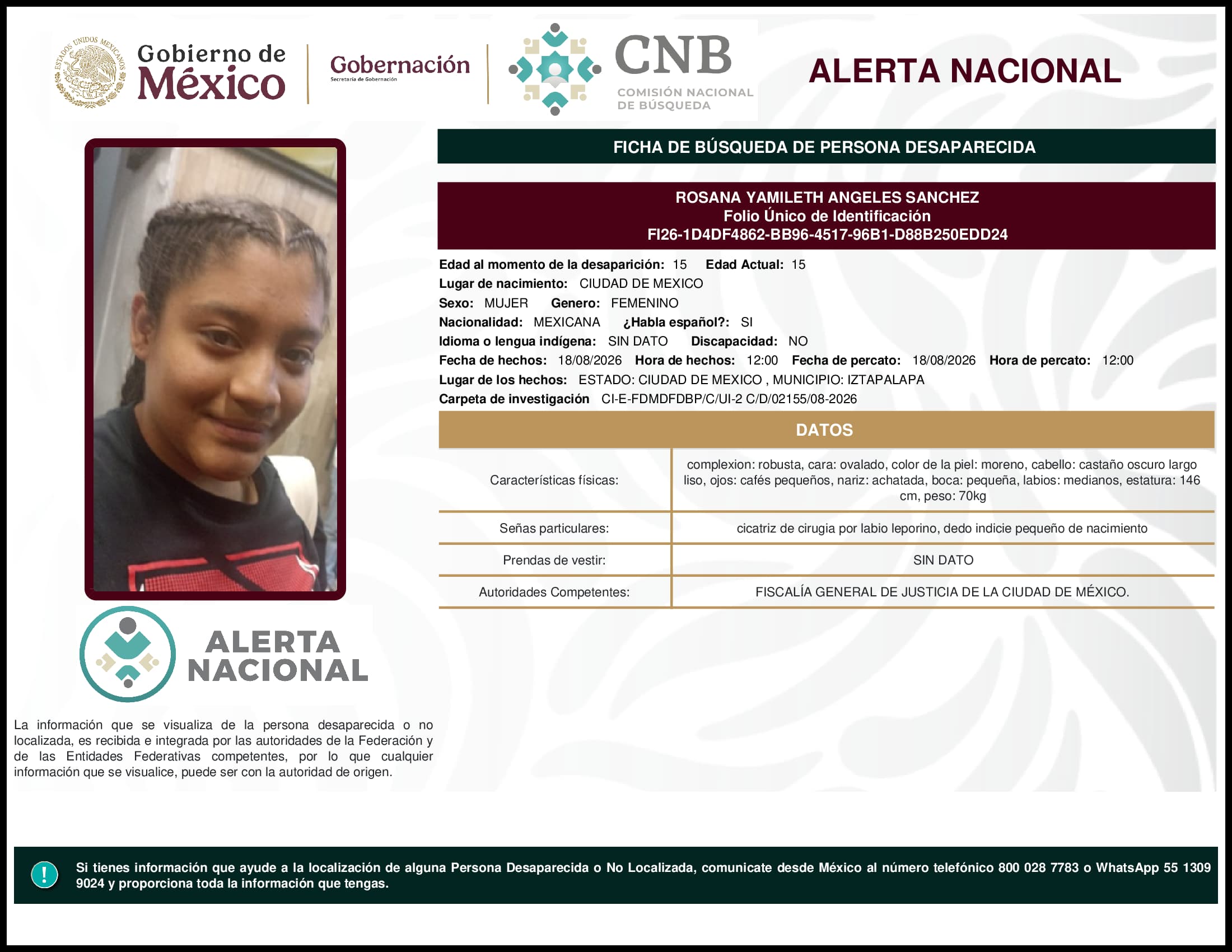 Persona desaparecida Rosana Yamileth Angeles Sanchez