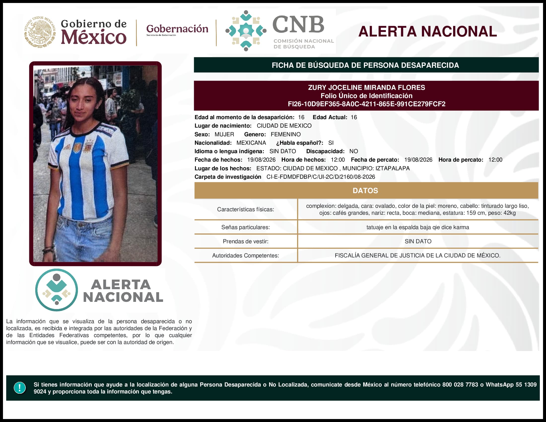 Persona desaparecida Zury Joceline Miranda Flores