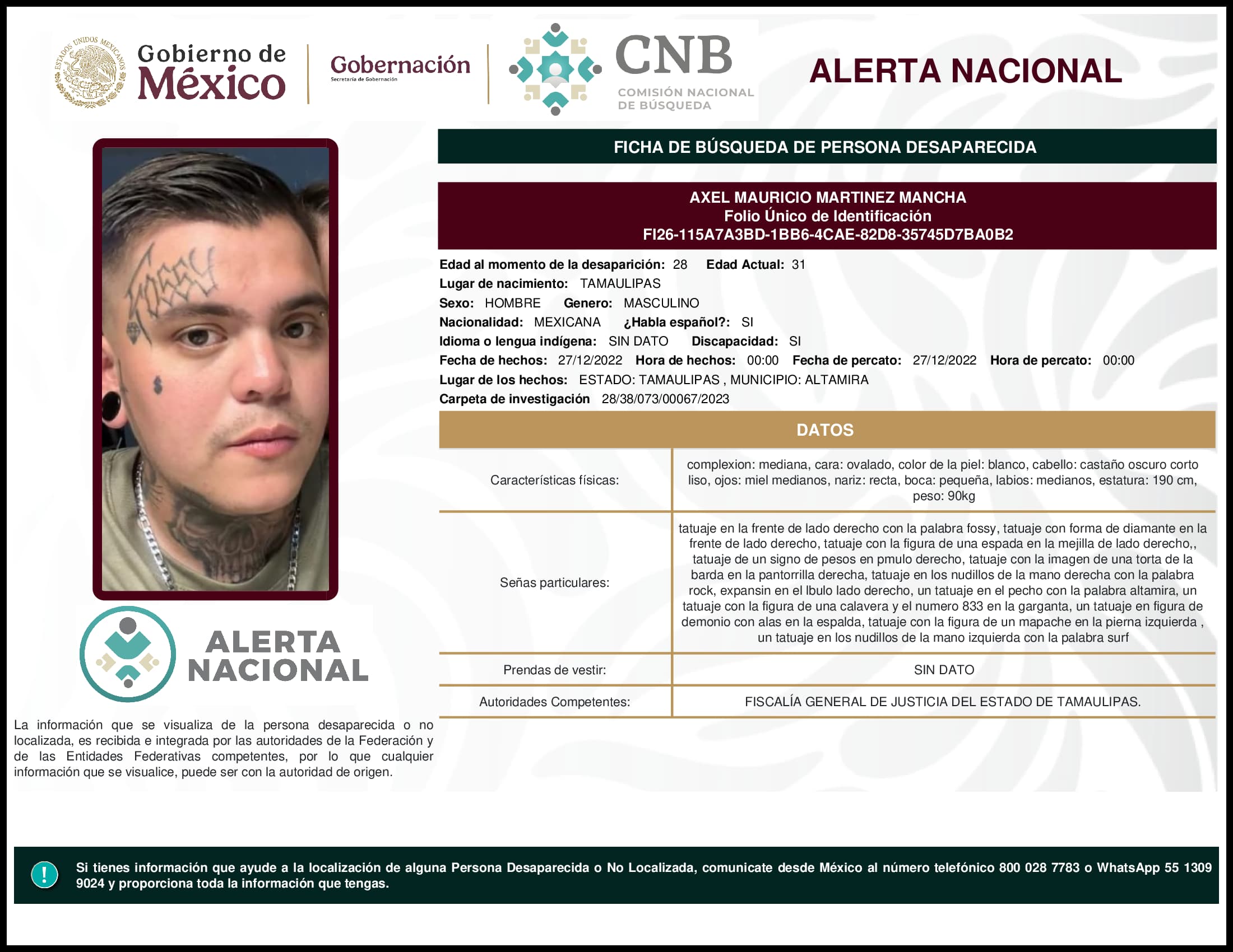 Persona desaparecida Axel Mauricio Martinez Mancha