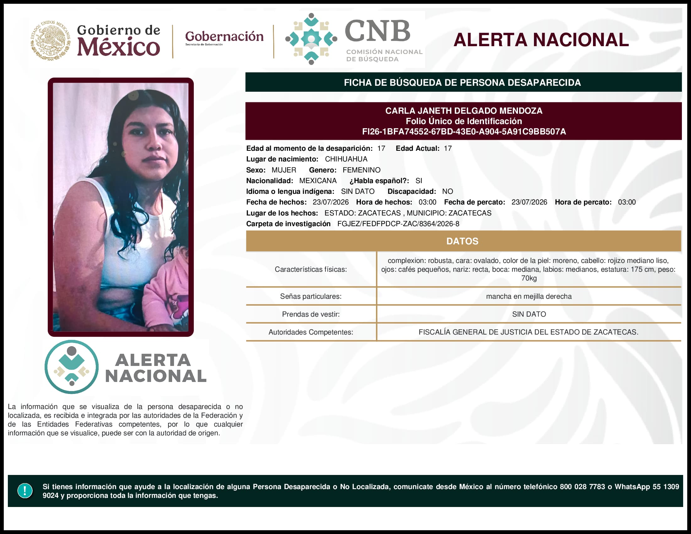 Persona desaparecida Carla Janeth Delgado Mendoza