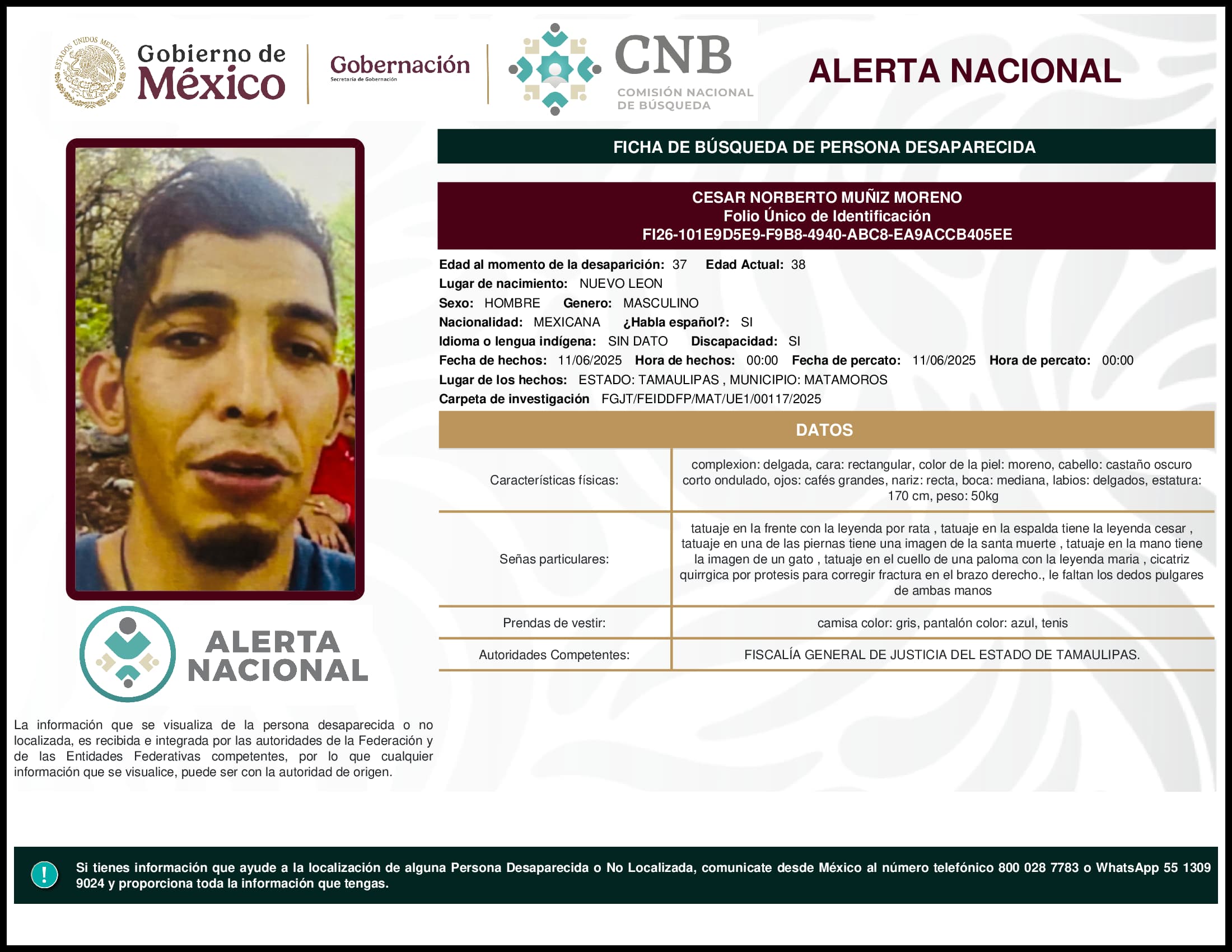Persona desaparecida Cesar Norberto Muniz Moreno