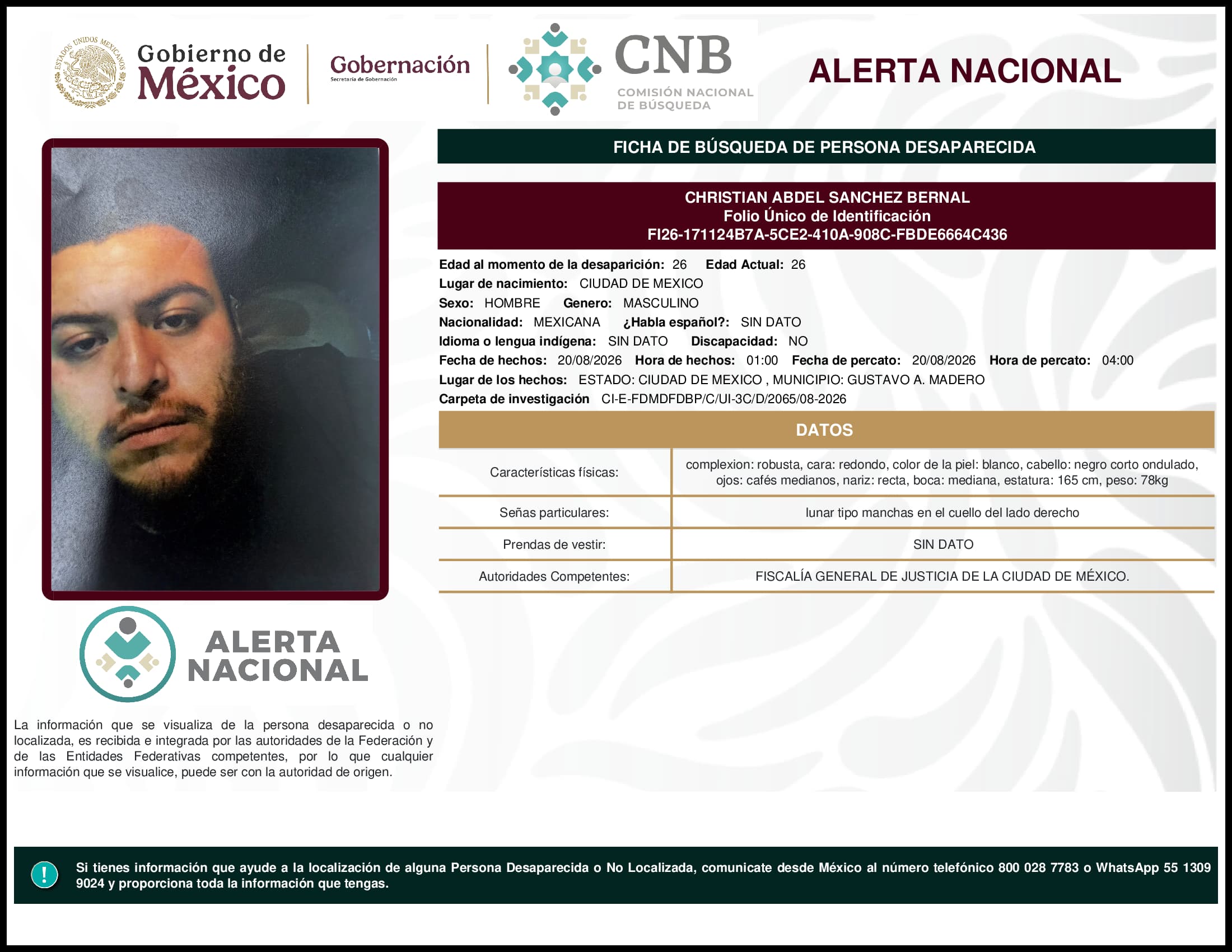 Persona desaparecida Christian Abdel Sanchez Bernal