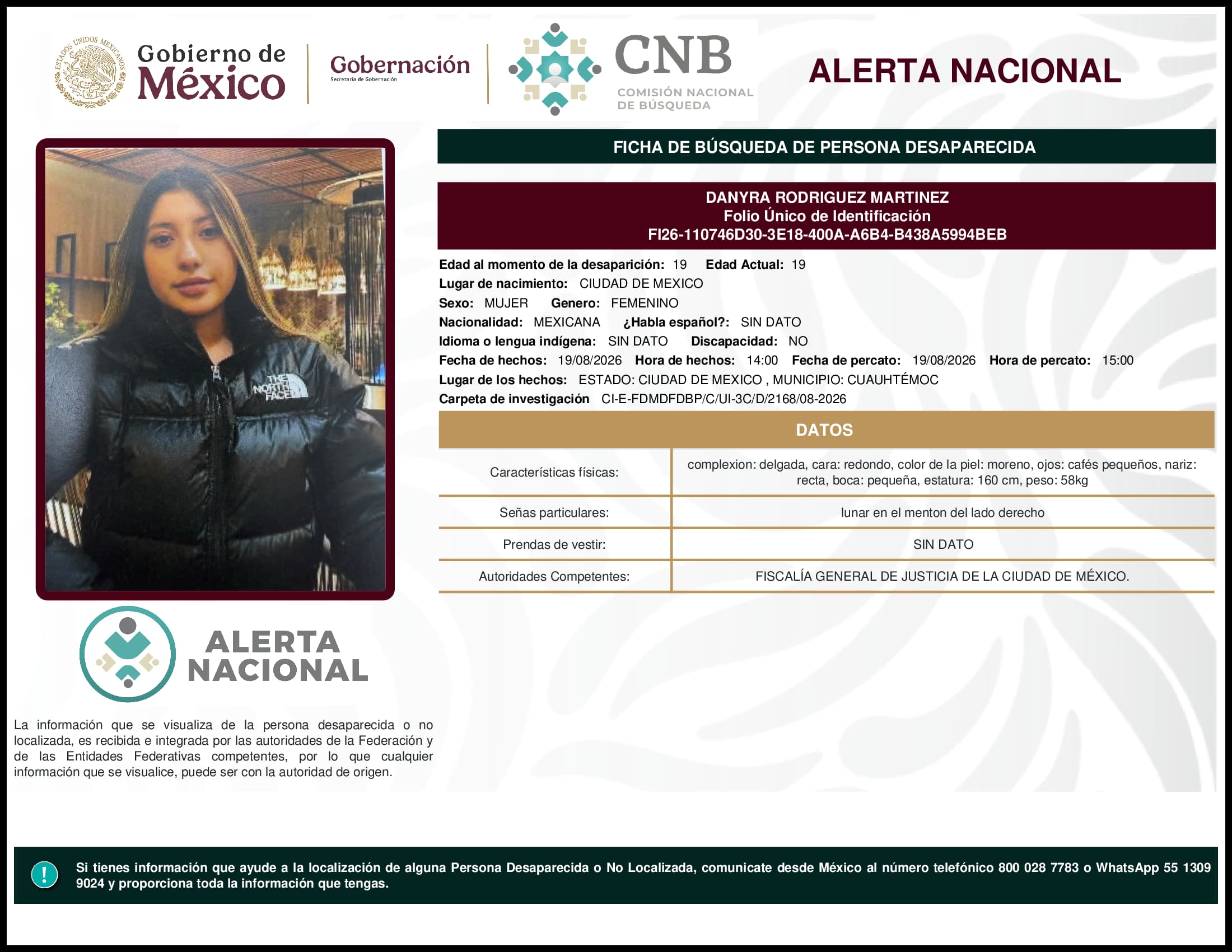 Persona desaparecida Danyra Rodriguez Martinez