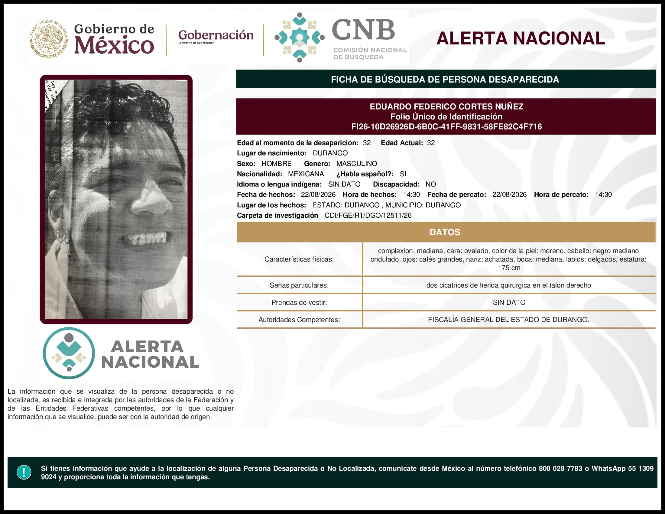 Persona desaparecida Eduardo Federico Cortes Nunez