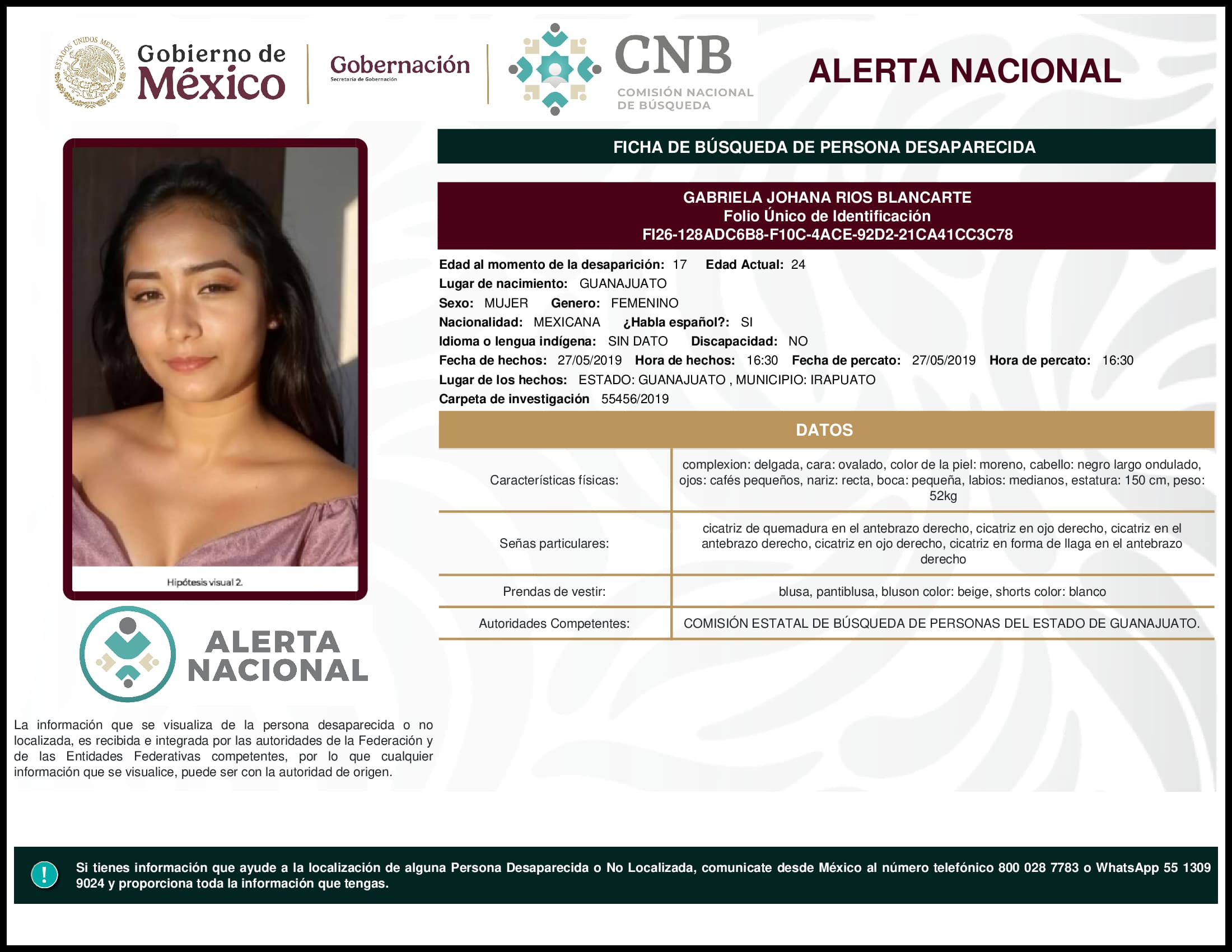 Persona desaparecida Gabriela Johana Rios Blancarte