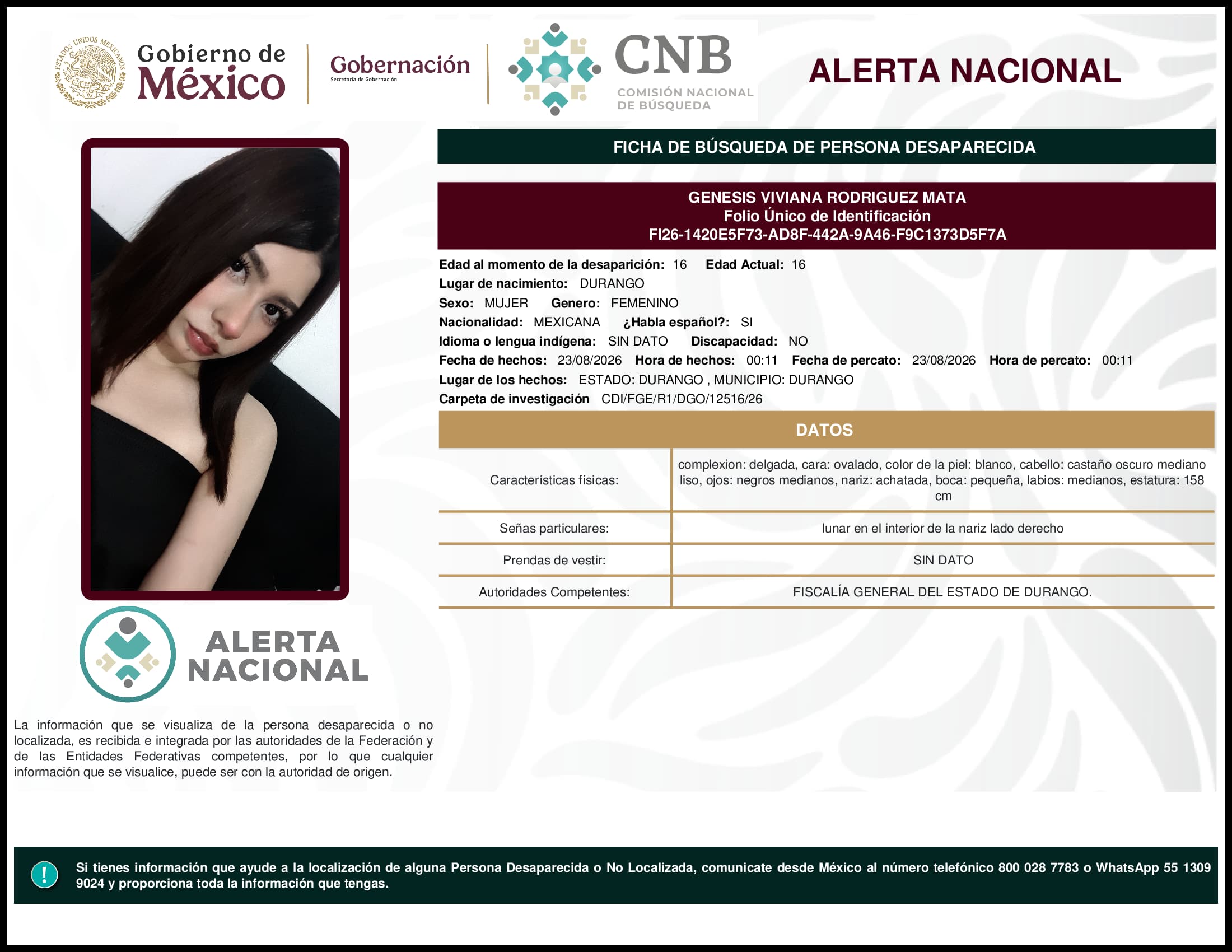 Persona desaparecida Genesis Viviana Rodriguez Mata