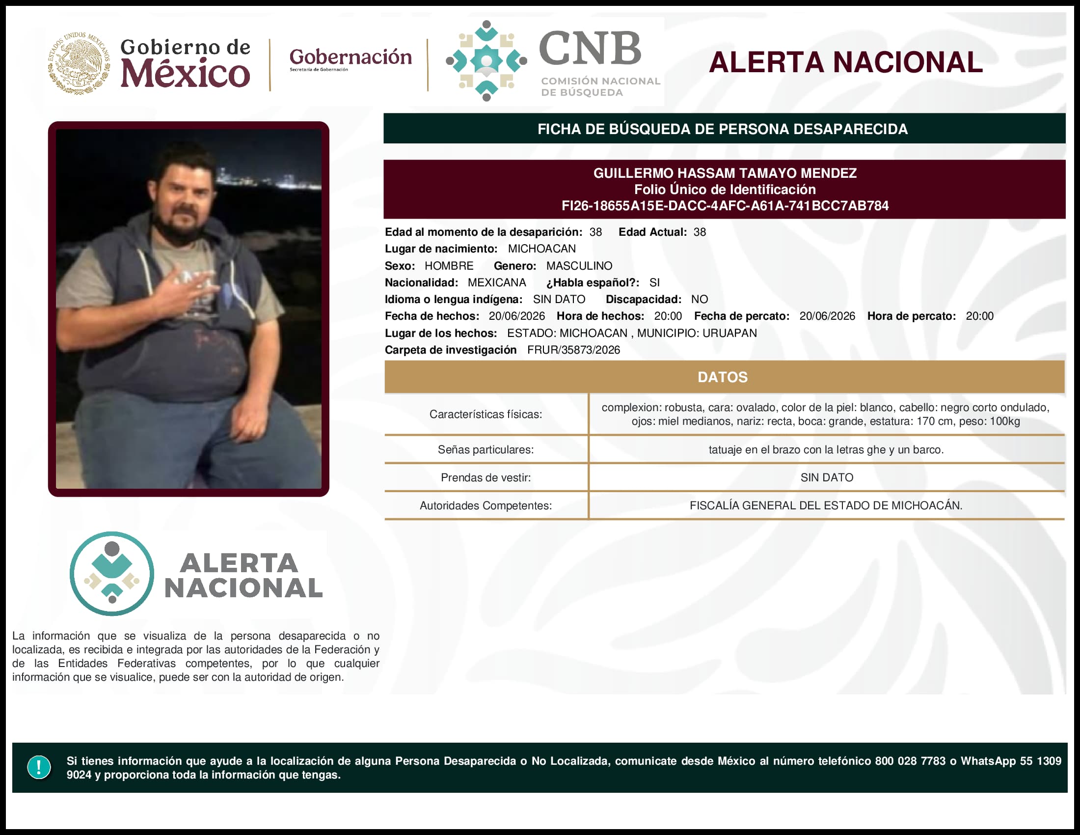 Persona desaparecida Guillermo Hassam Tamayo Mendez