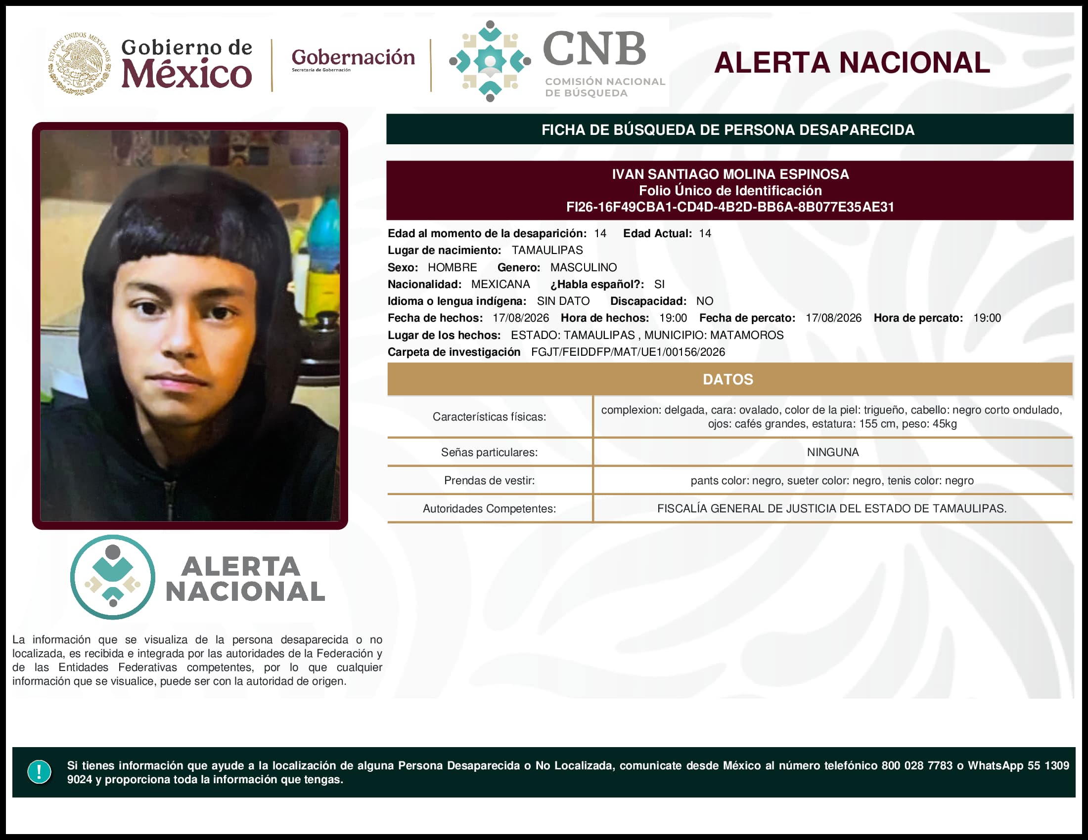 Persona desaparecida Ivan Santiago Molina Espinosa