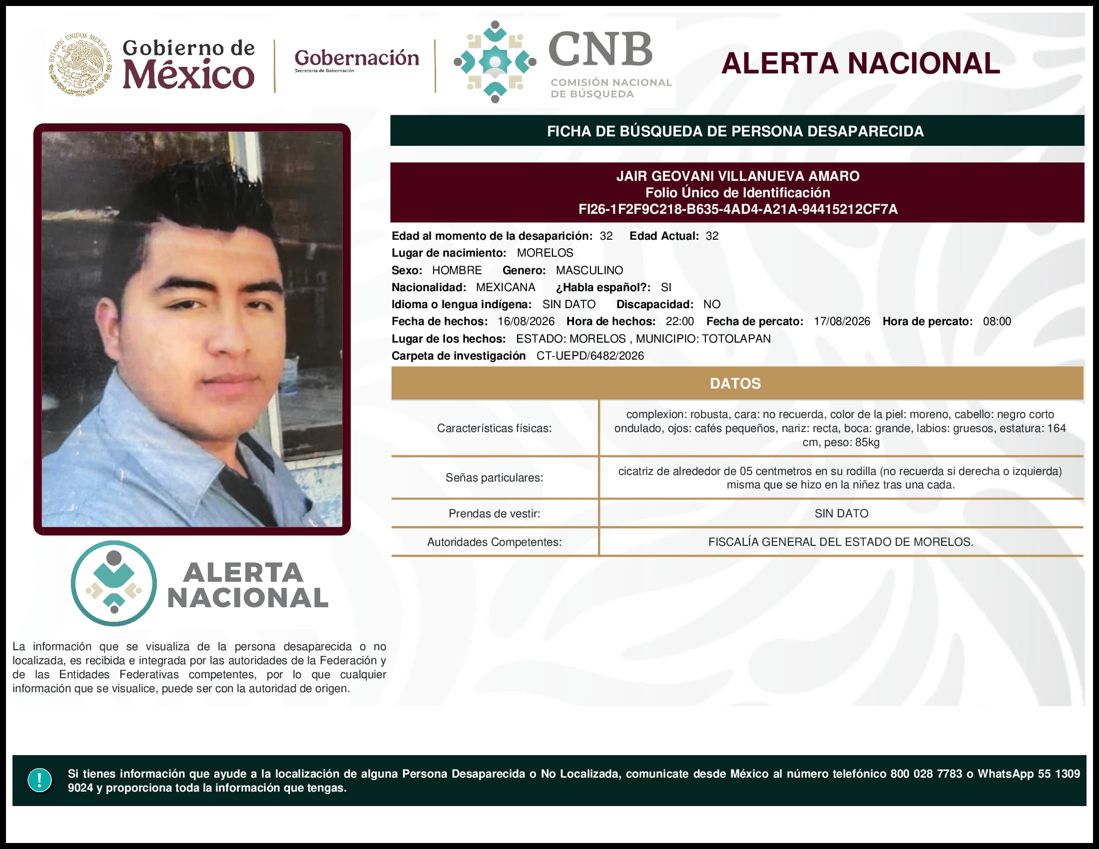 Persona desaparecida Jair Geovani Villanueva Amaro