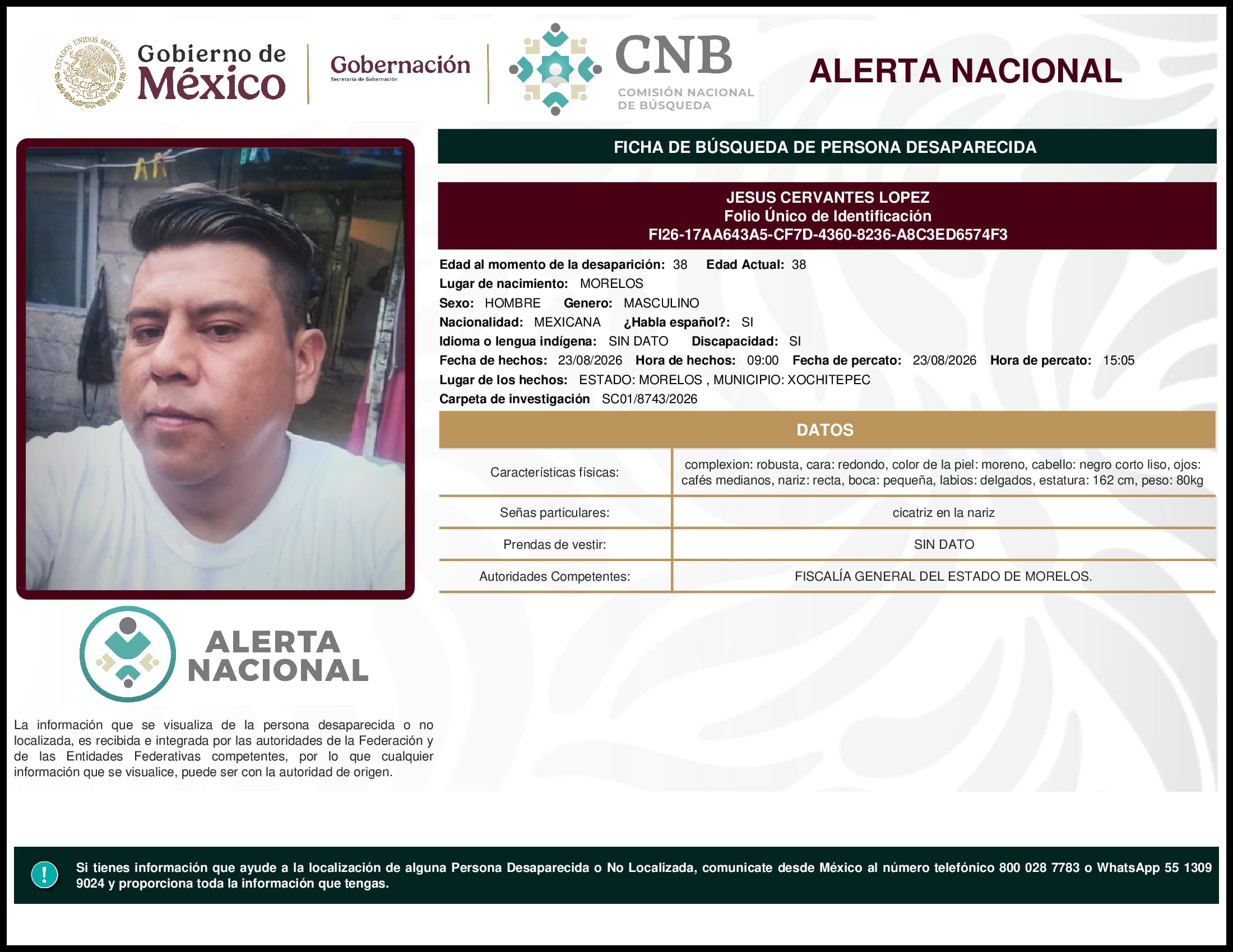 Persona desaparecida Jesus Cervantes Lopez
