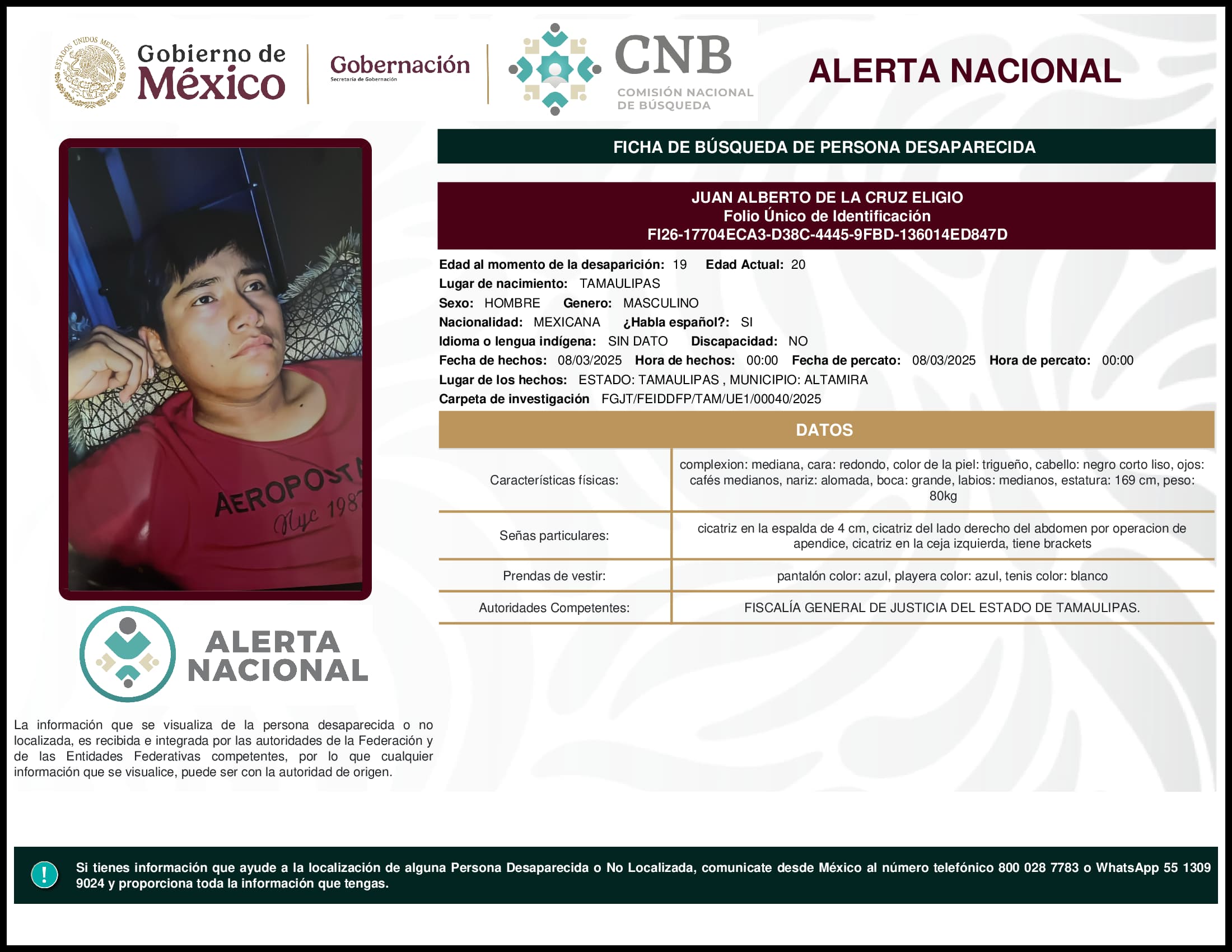 Persona desaparecida Juan Alberto De La Cruz Eligio