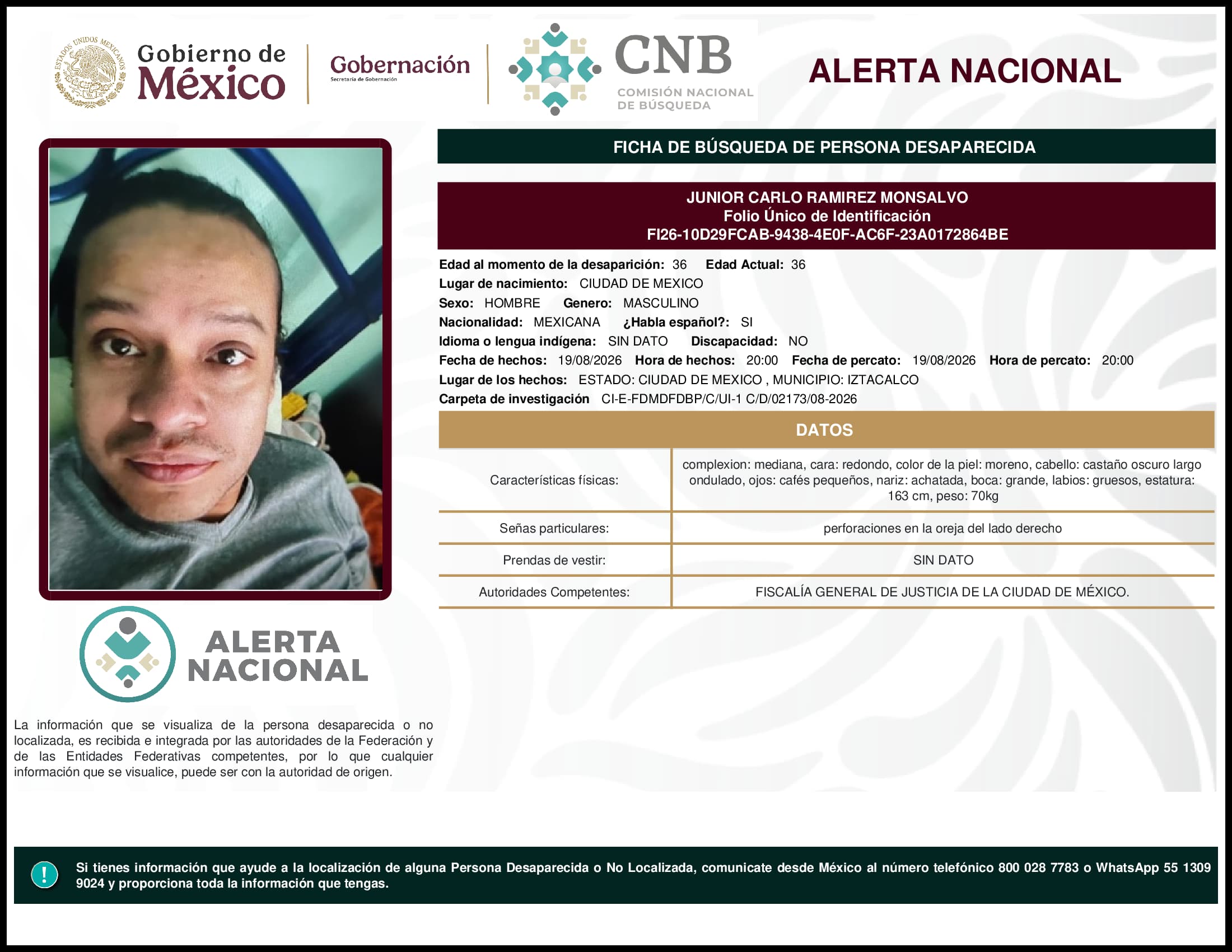 Persona desaparecida Junior Carlo Ramirez Monsalvo