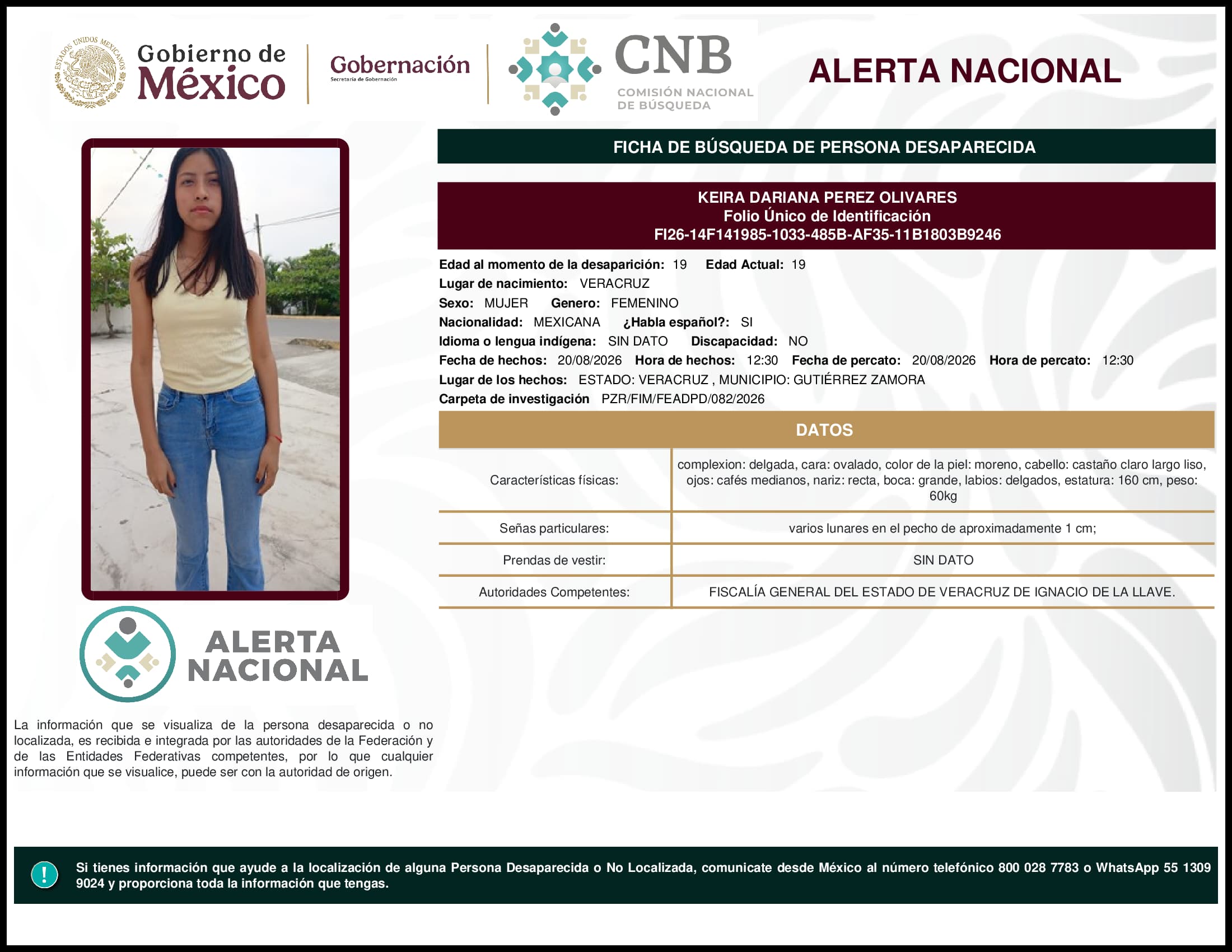 Persona desaparecida Keira Dariana Perez Olivares
