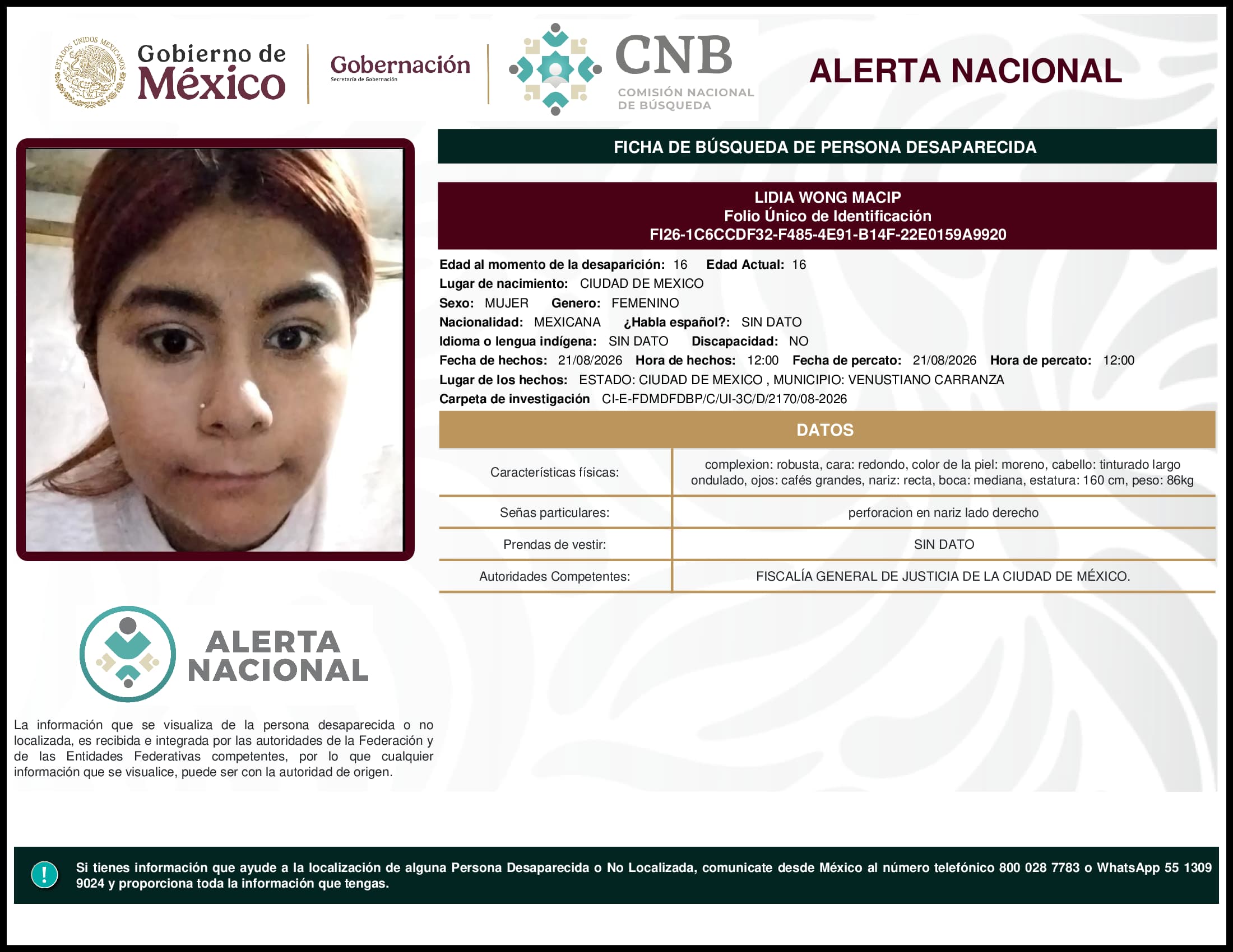 Persona desaparecida Lidia Wong Macip
