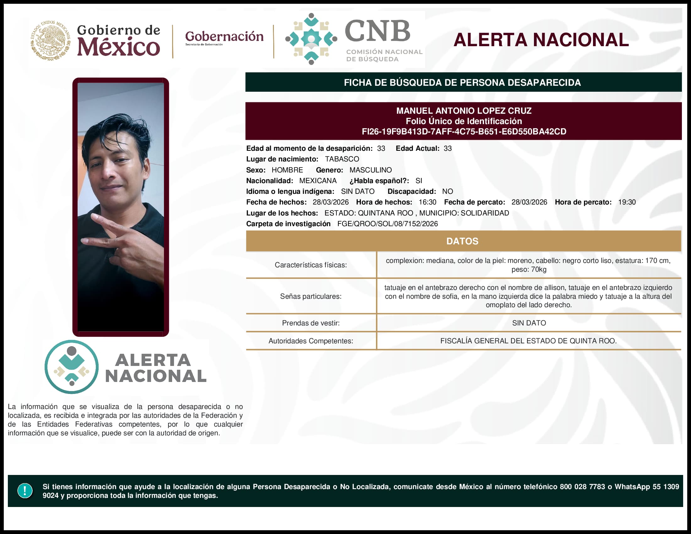 Persona desaparecida Manuel Antonio Lopez Cruz