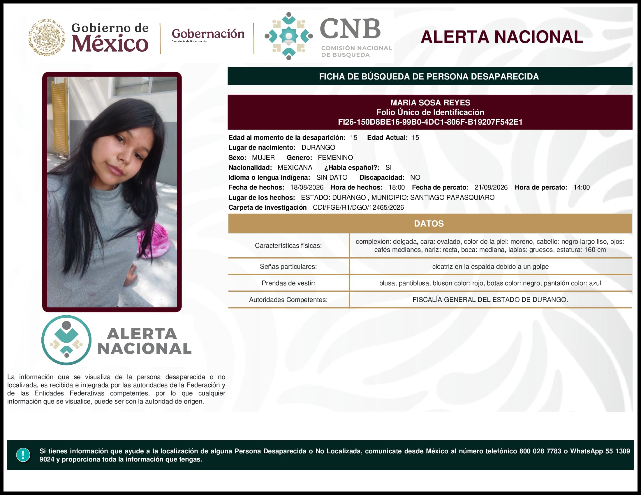 Persona desaparecida Maria Sosa Reyes