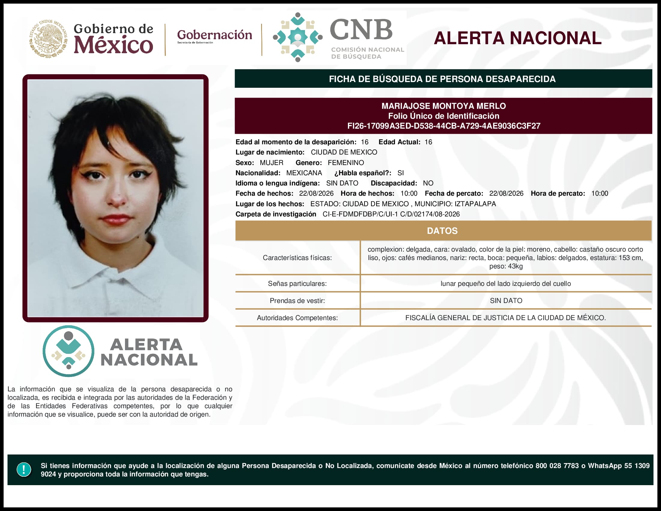 Persona desaparecida Mariajose Montoya Merlo