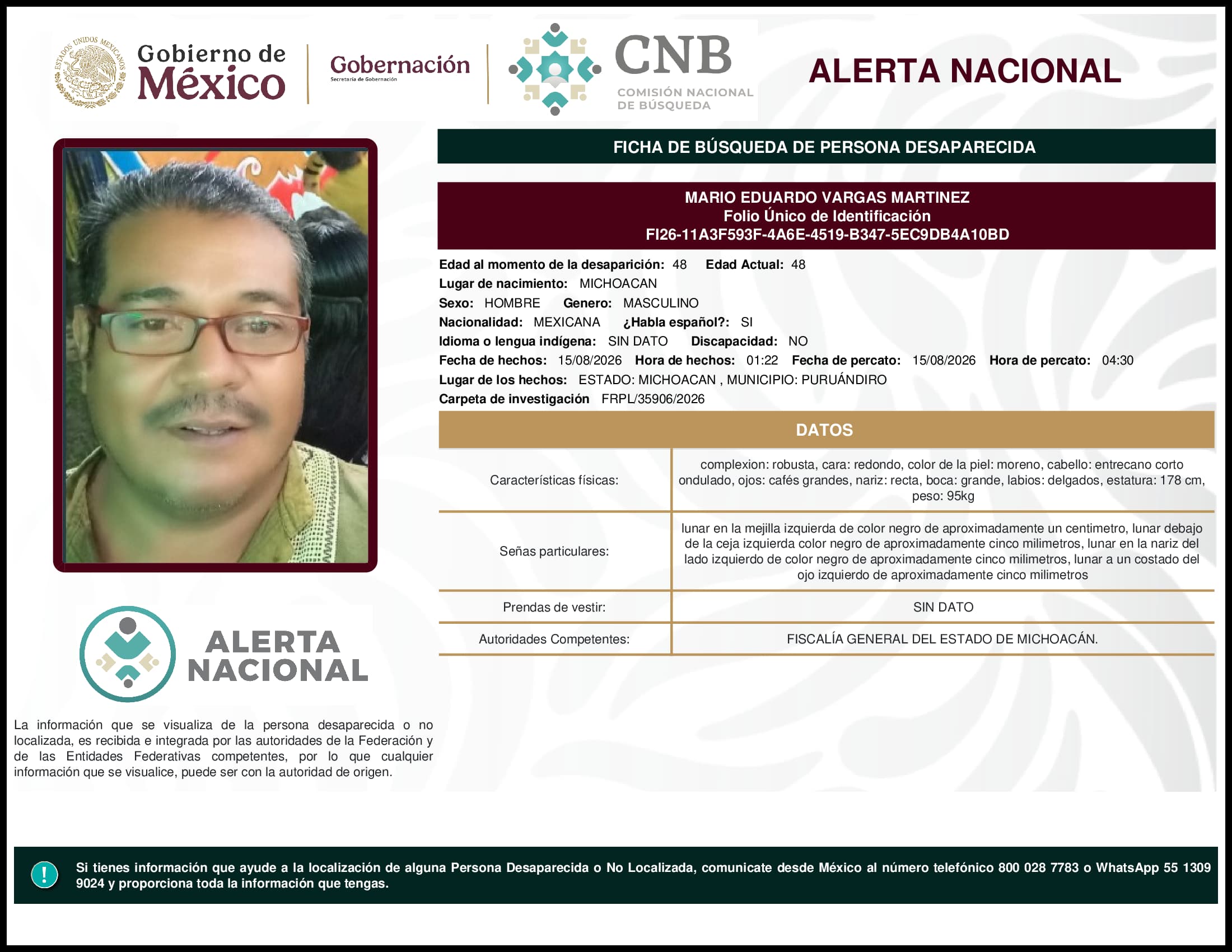 Persona desaparecida Mario Eduardo Vargas Martinez