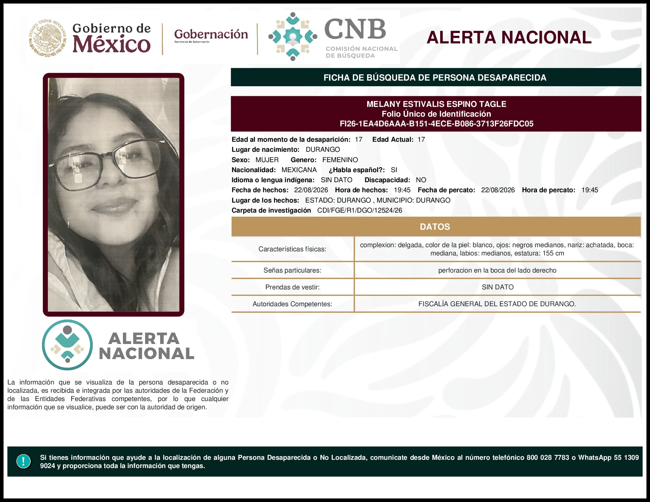 Persona desaparecida Melany Estivalis Espino Tagle