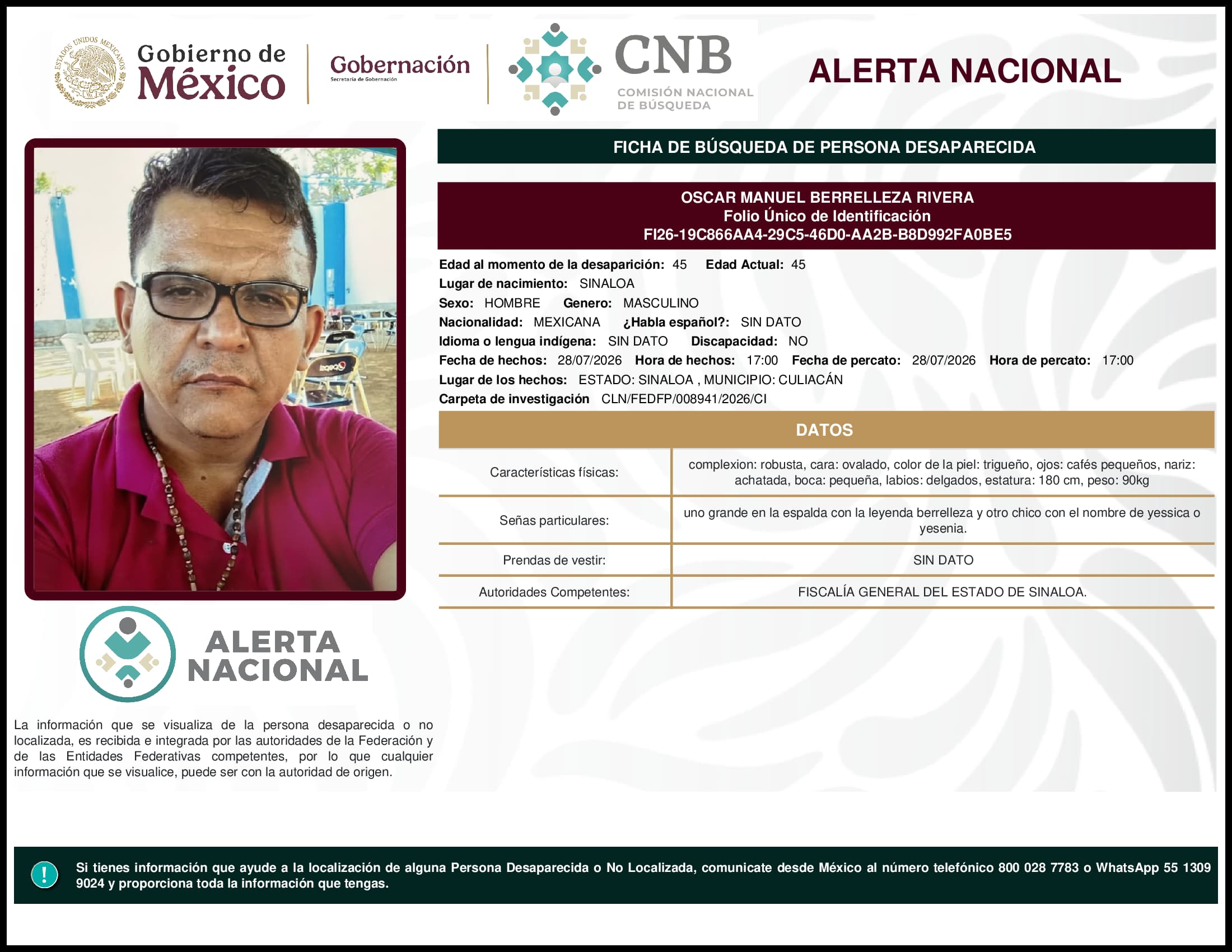 Persona desaparecida Oscar Manuel Berrelleza Rivera