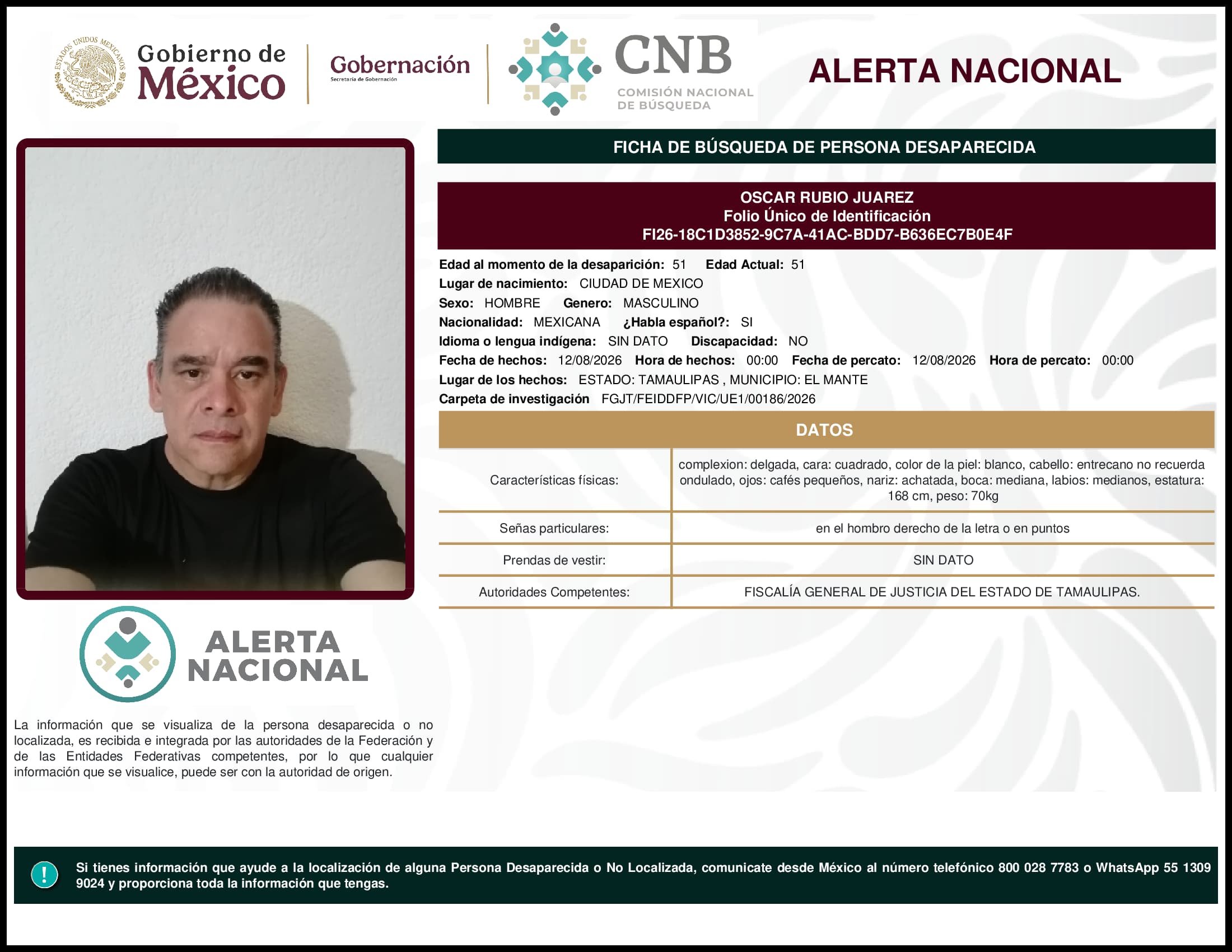 Persona desaparecida Oscar Rubio Juarez