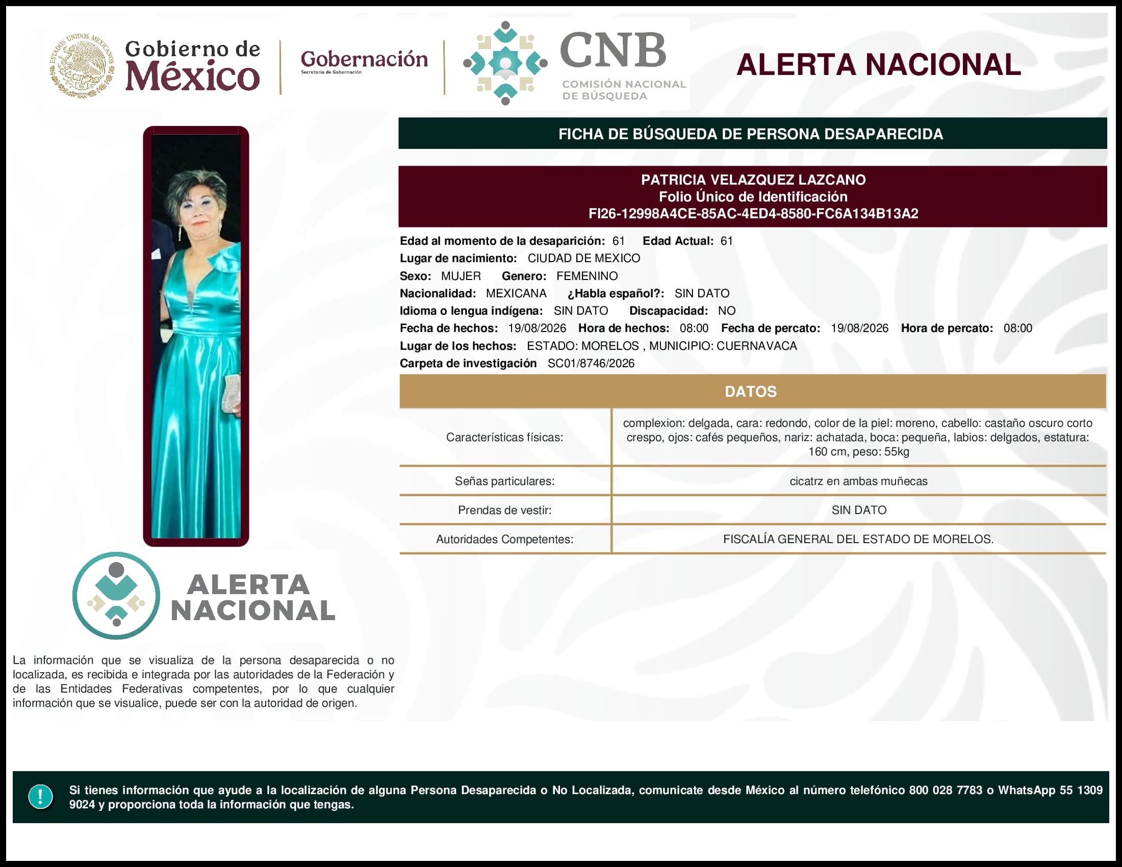 Persona desaparecida Patricia Velazquez Lazcano