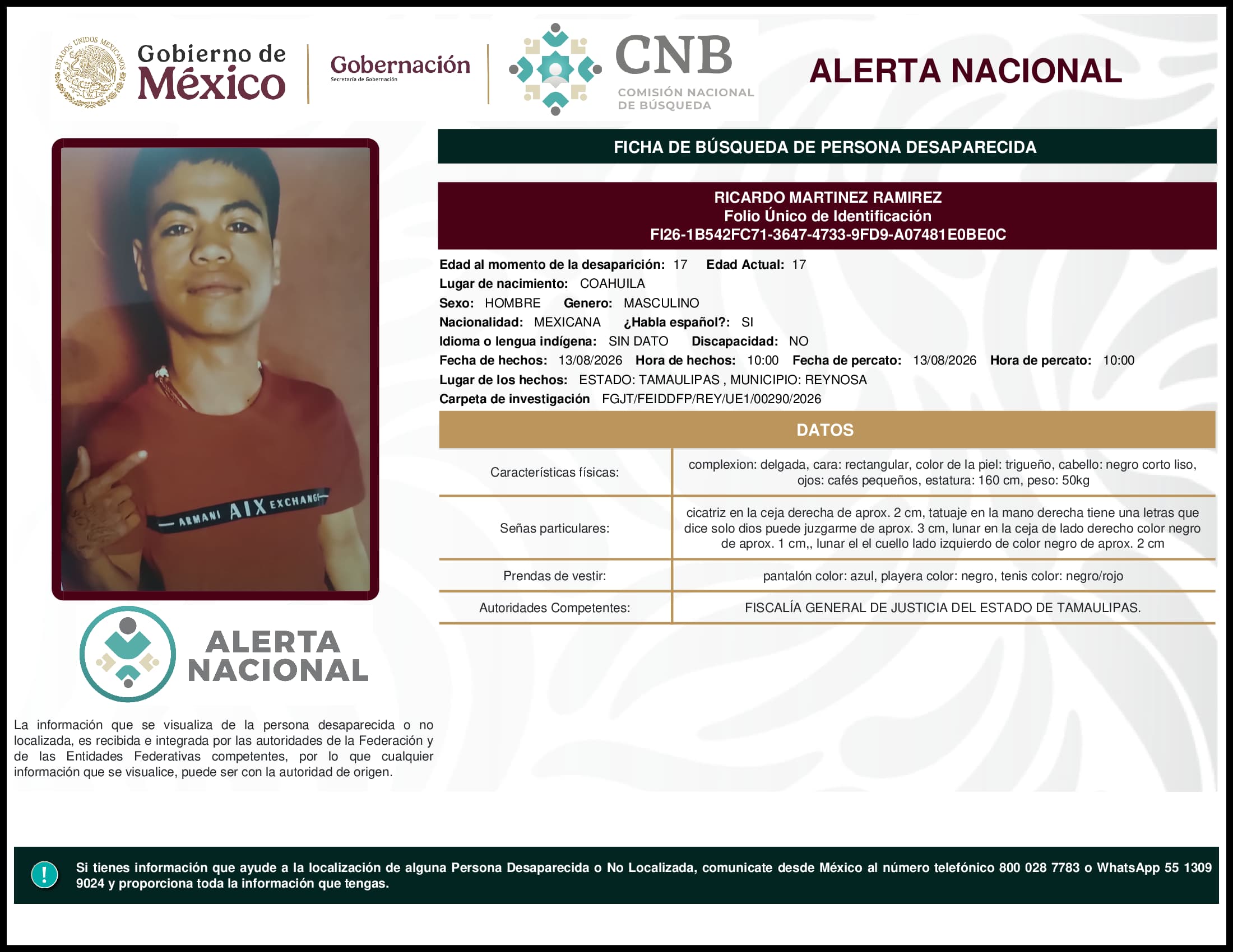 Persona desaparecida Ricardo Martinez Ramirez