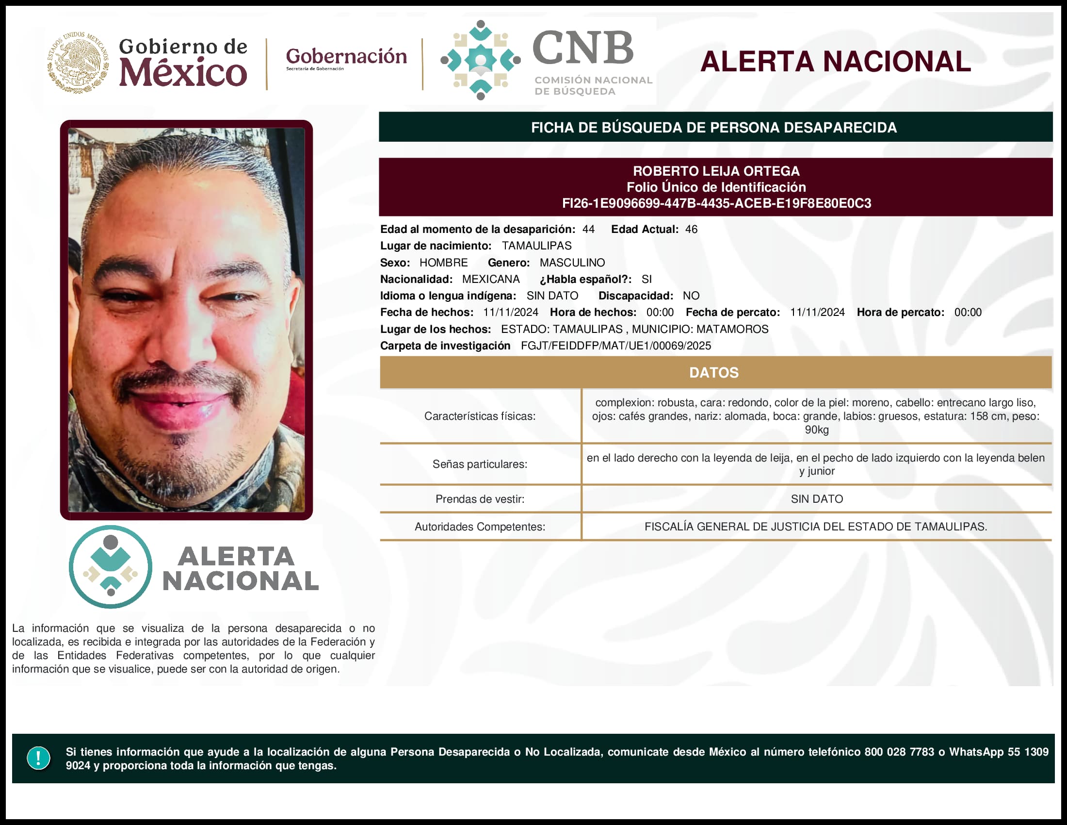 Persona desaparecida Roberto Leija Ortega