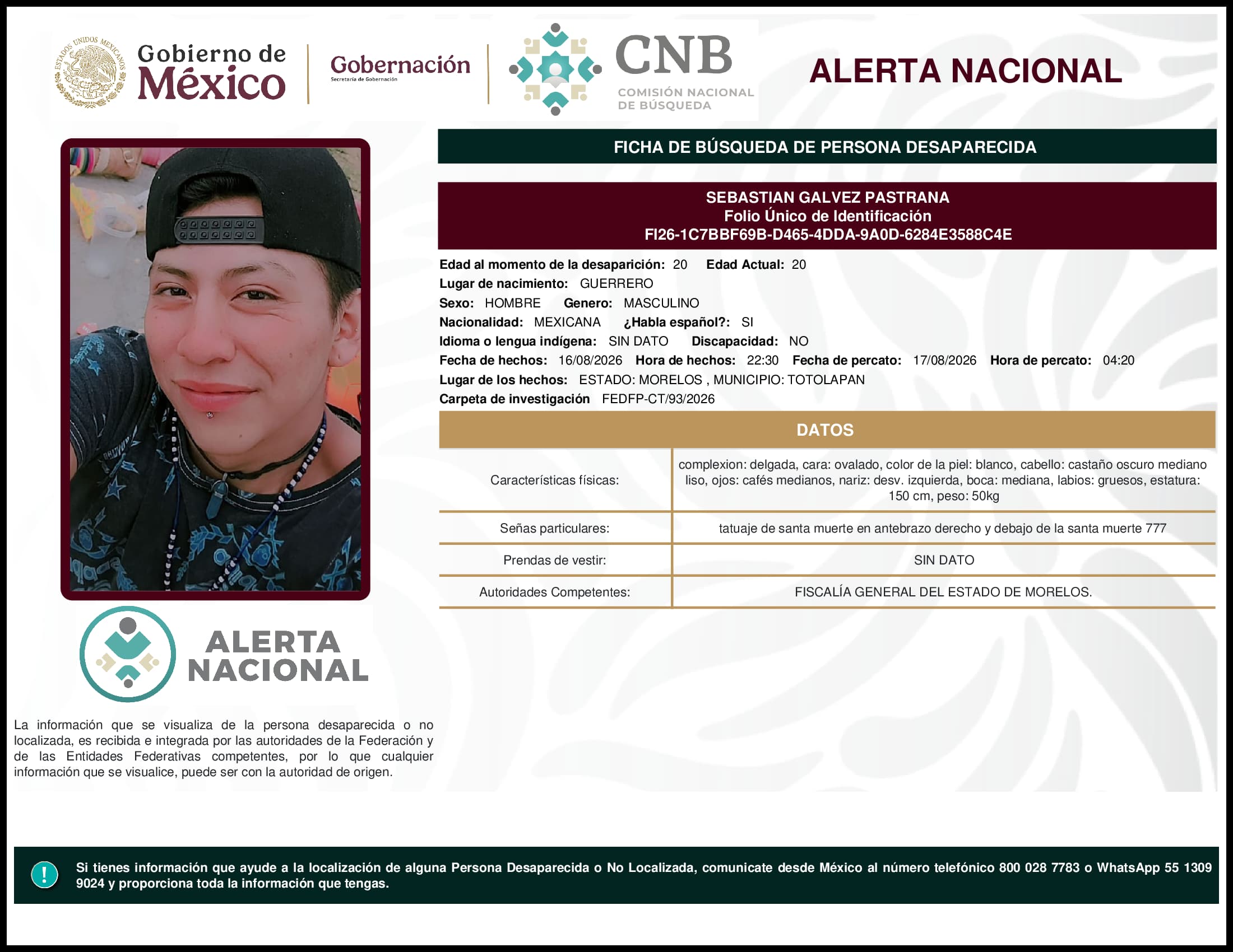 Persona desaparecida Sebastian Galvez Pastrana