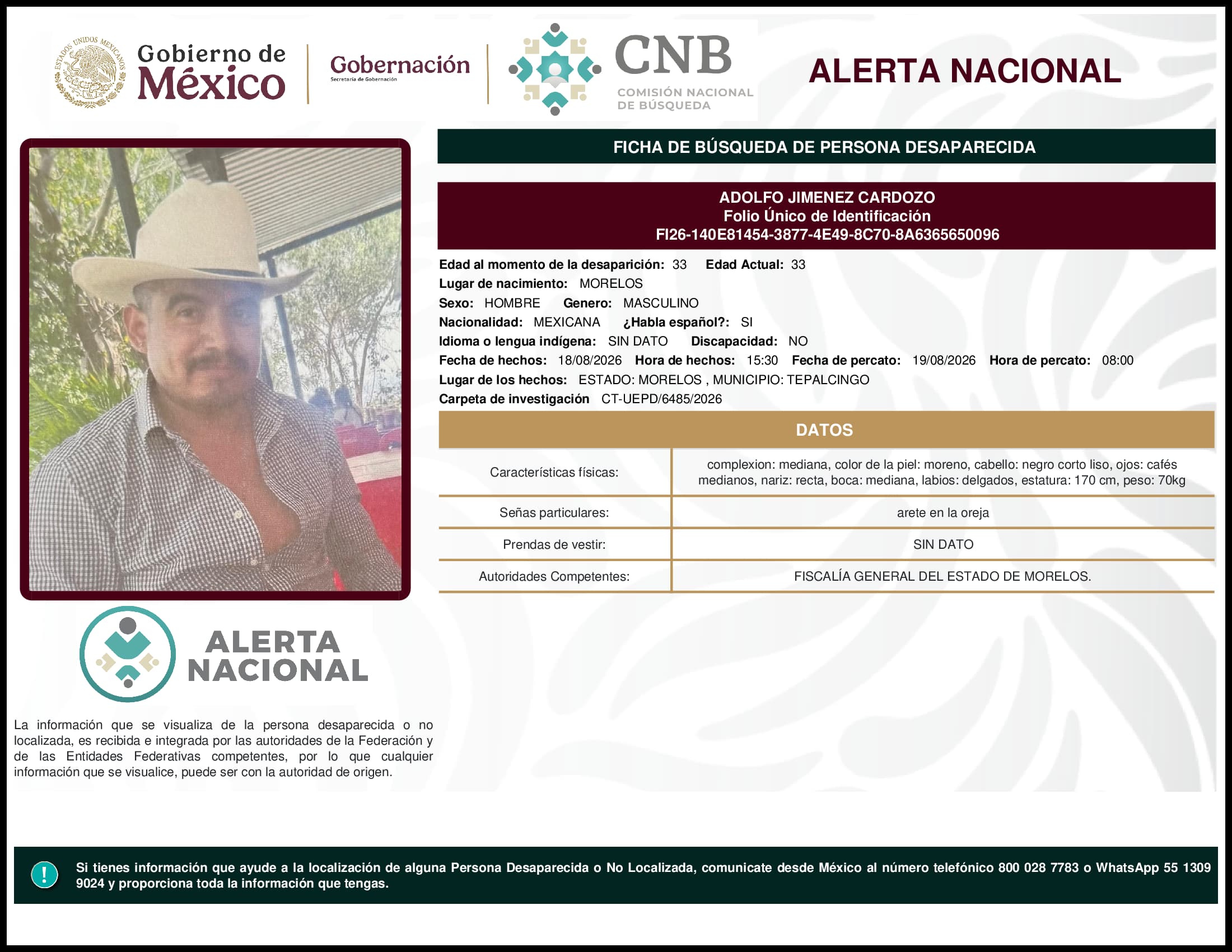 Persona desaparecida Adolfo Jimenez Cardozo