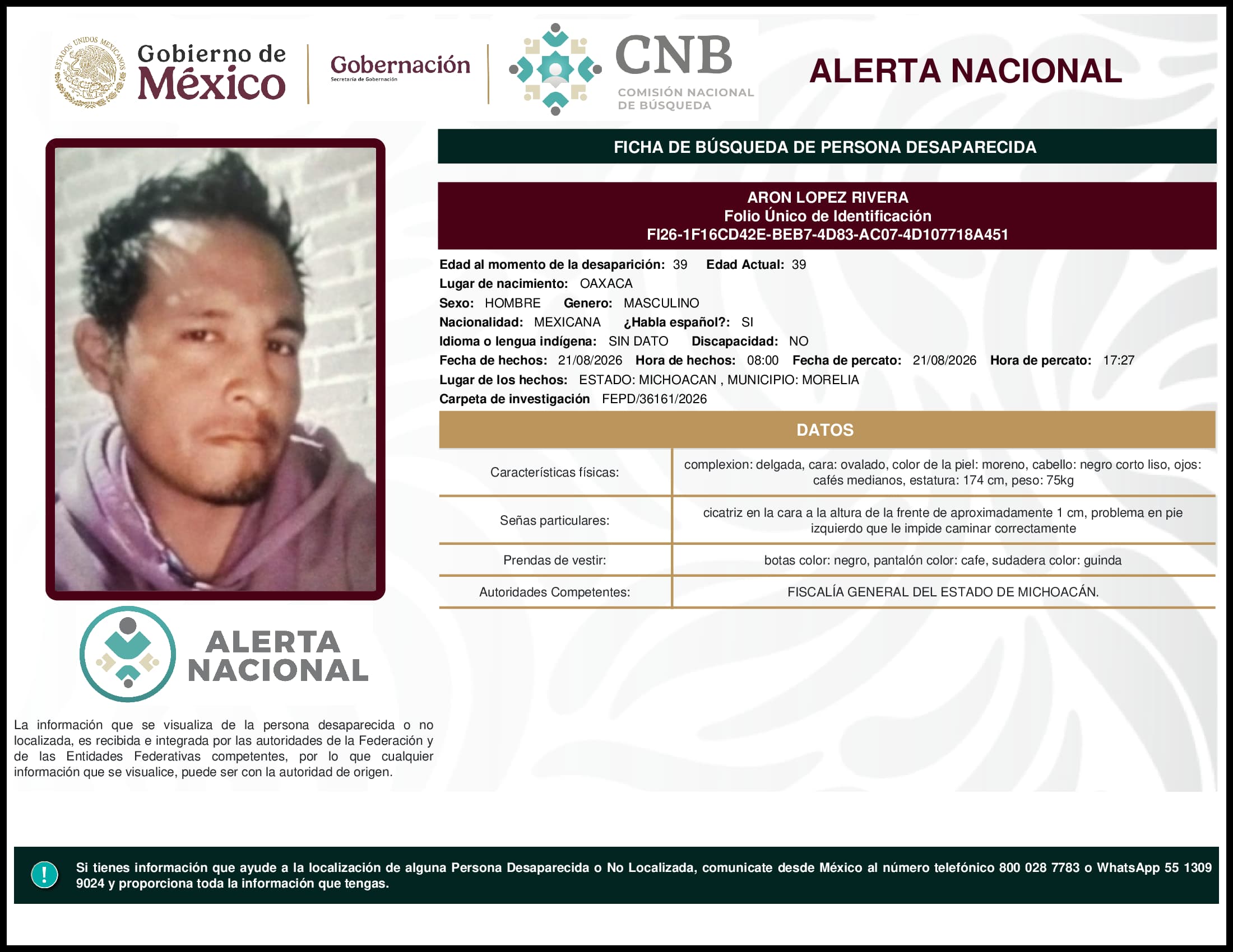 Persona desaparecida Aron Lopez Rivera