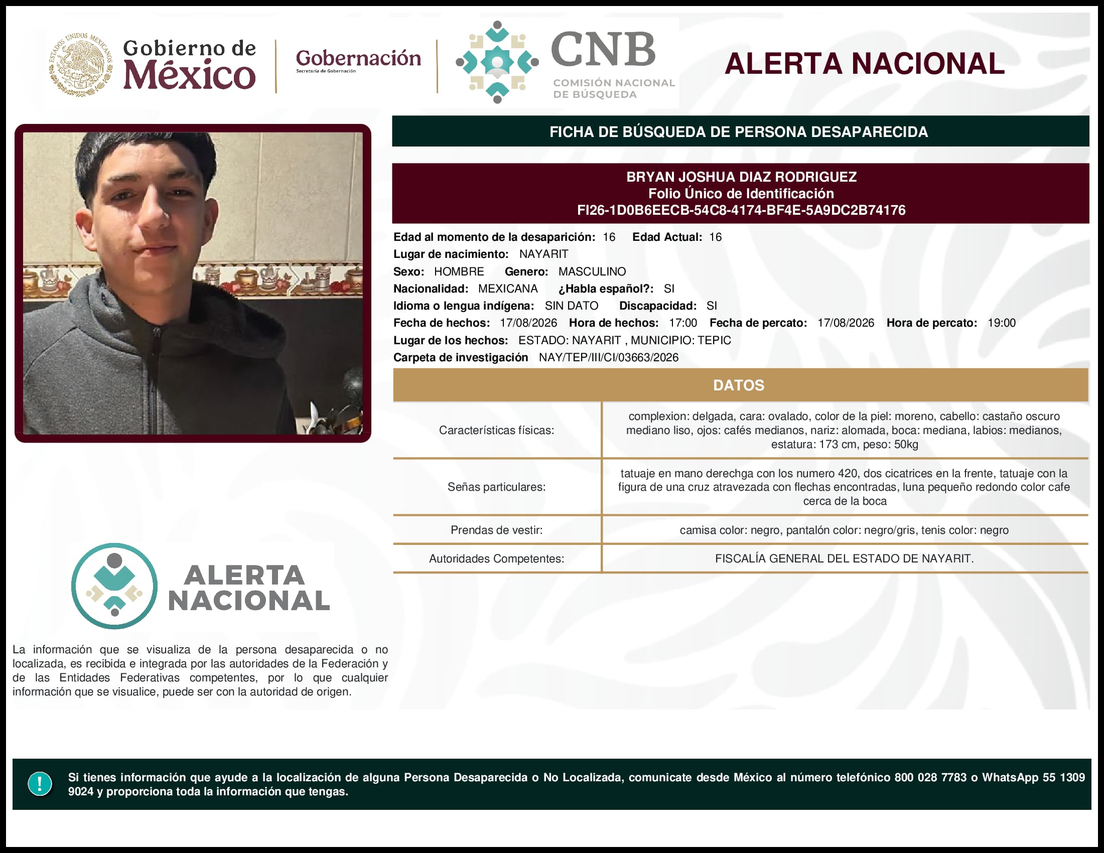 Persona desaparecida Bryan Joshua Diaz Rodriguez