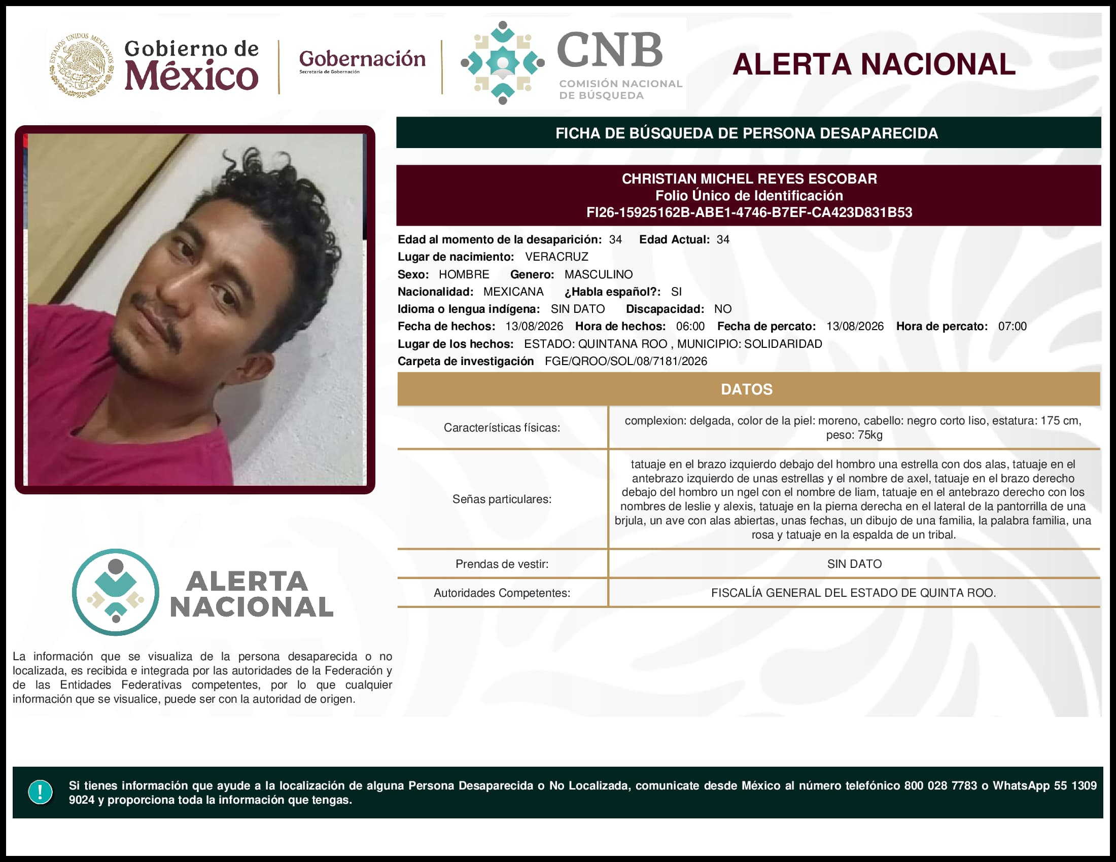 Persona desaparecida Christian Michel Reyes Escobar