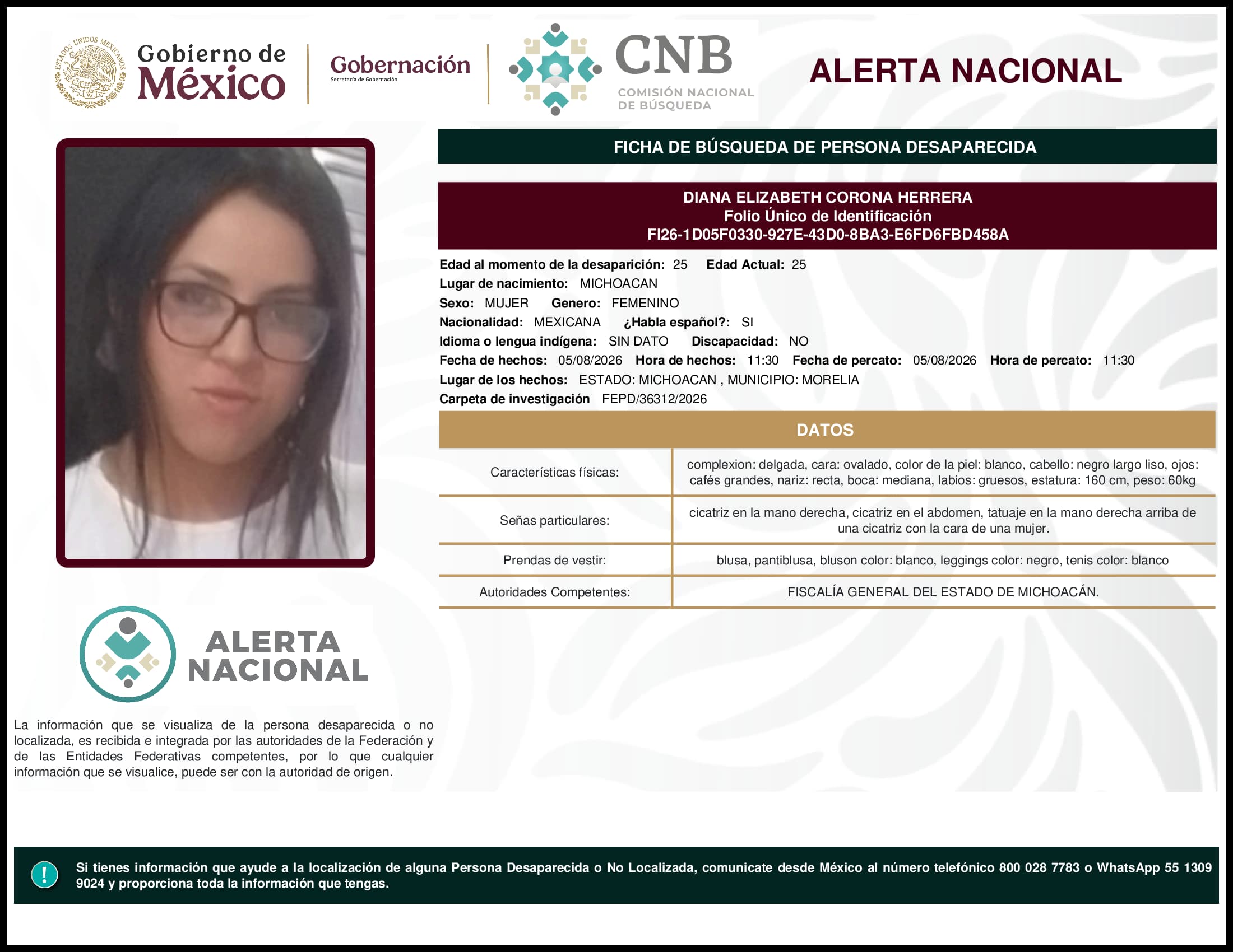 Persona desaparecida Diana Elizabeth Corona Herrera