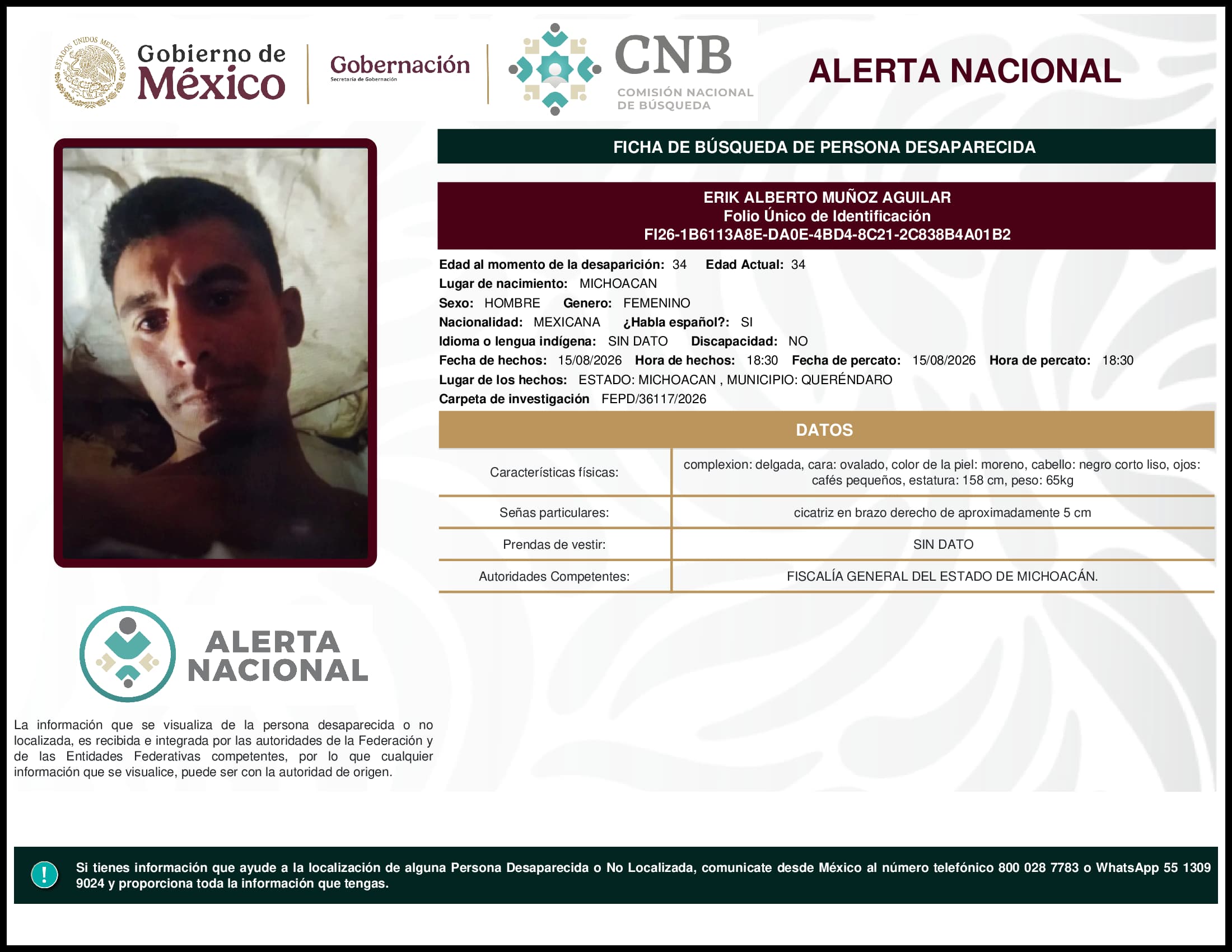 Persona desaparecida Erik Alberto Munoz Aguilar
