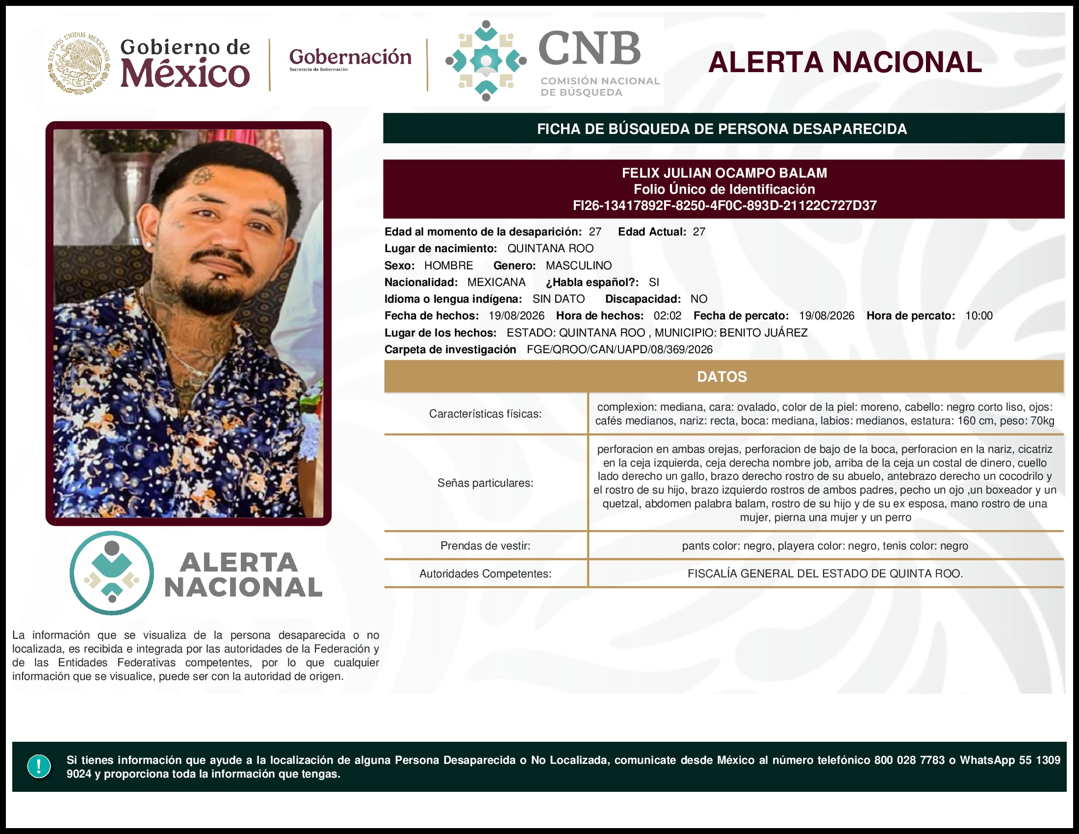 Persona desaparecida Felix Julian Ocampo Balam