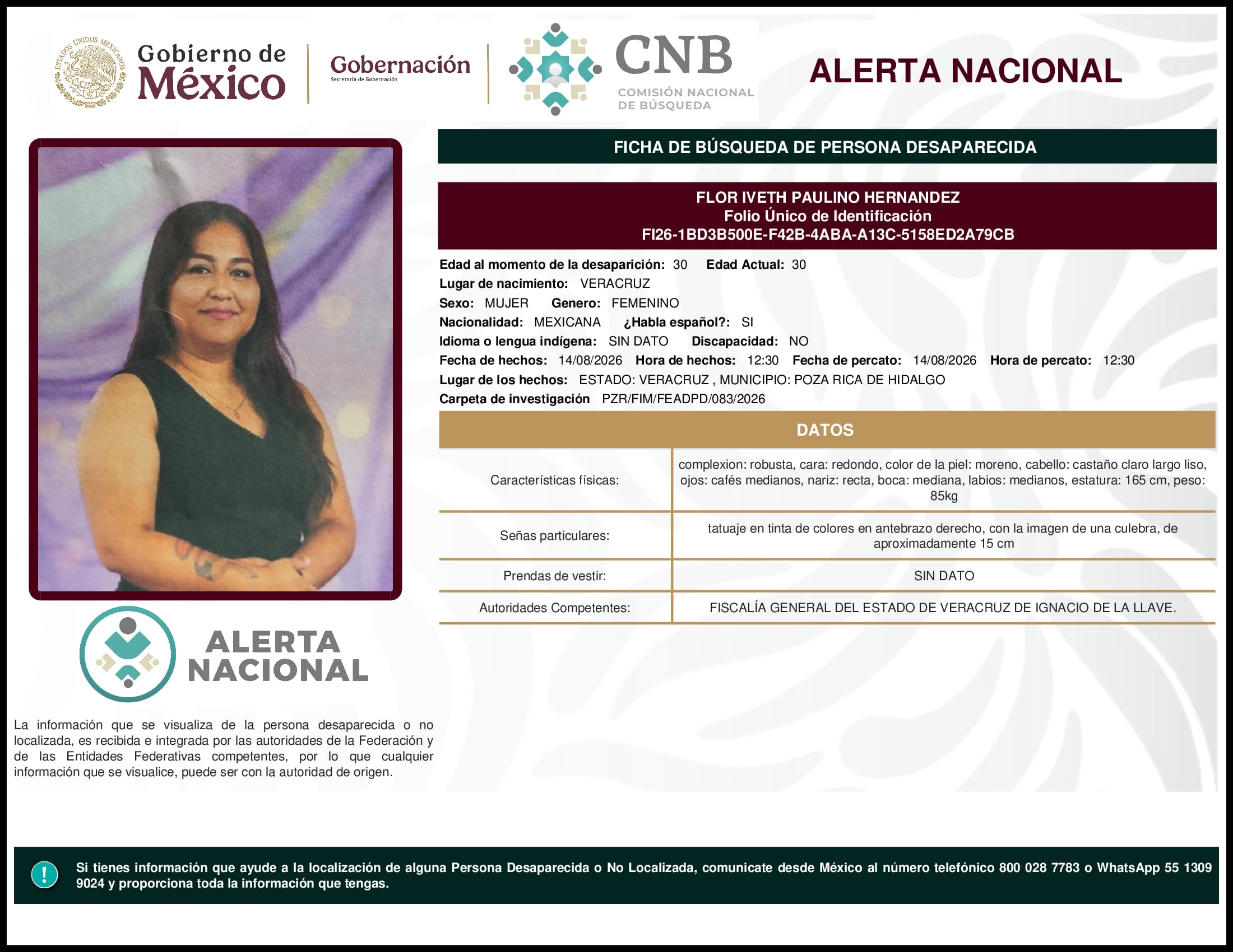 Persona desaparecida Flor Iveth Paulino Hernandez