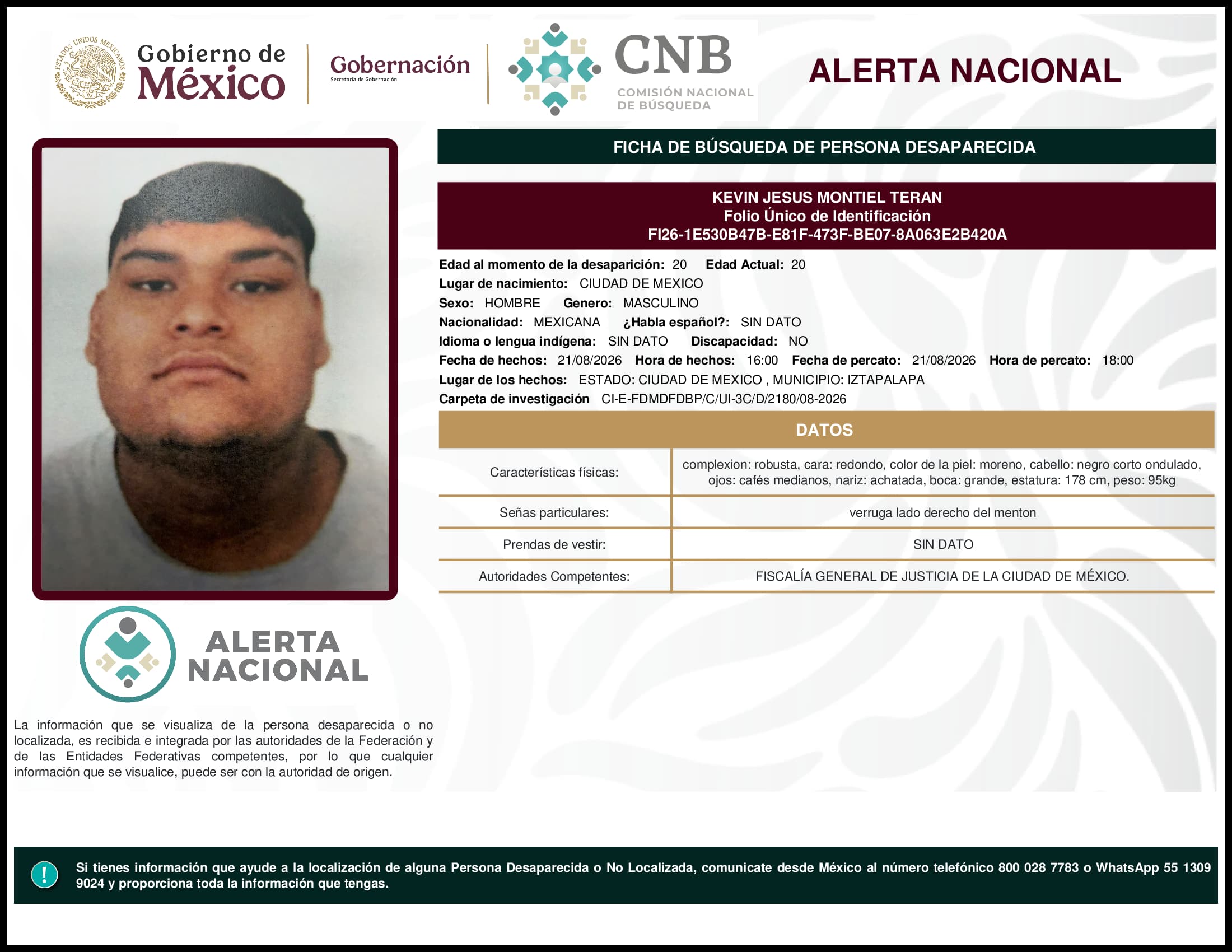 Persona desaparecida Kevin Jesus Montiel Teran