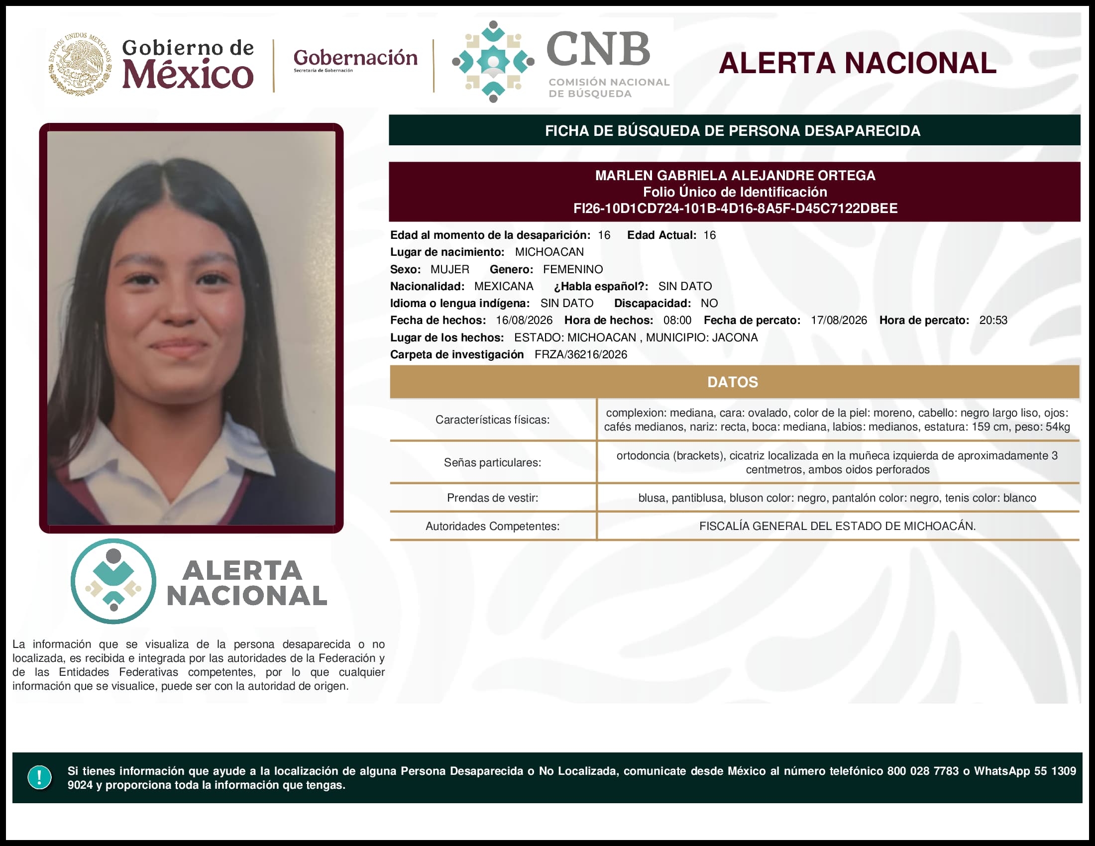 Persona desaparecida Marlen Gabriela Alejandre Ortega