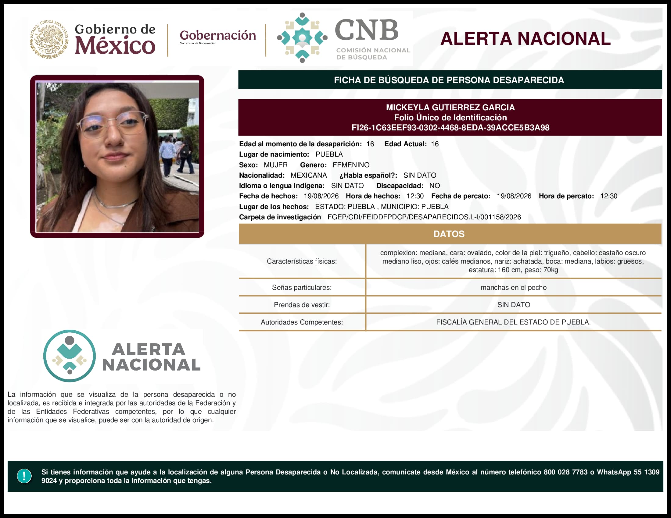 Persona desaparecida Mickeyla Gutierrez Garcia