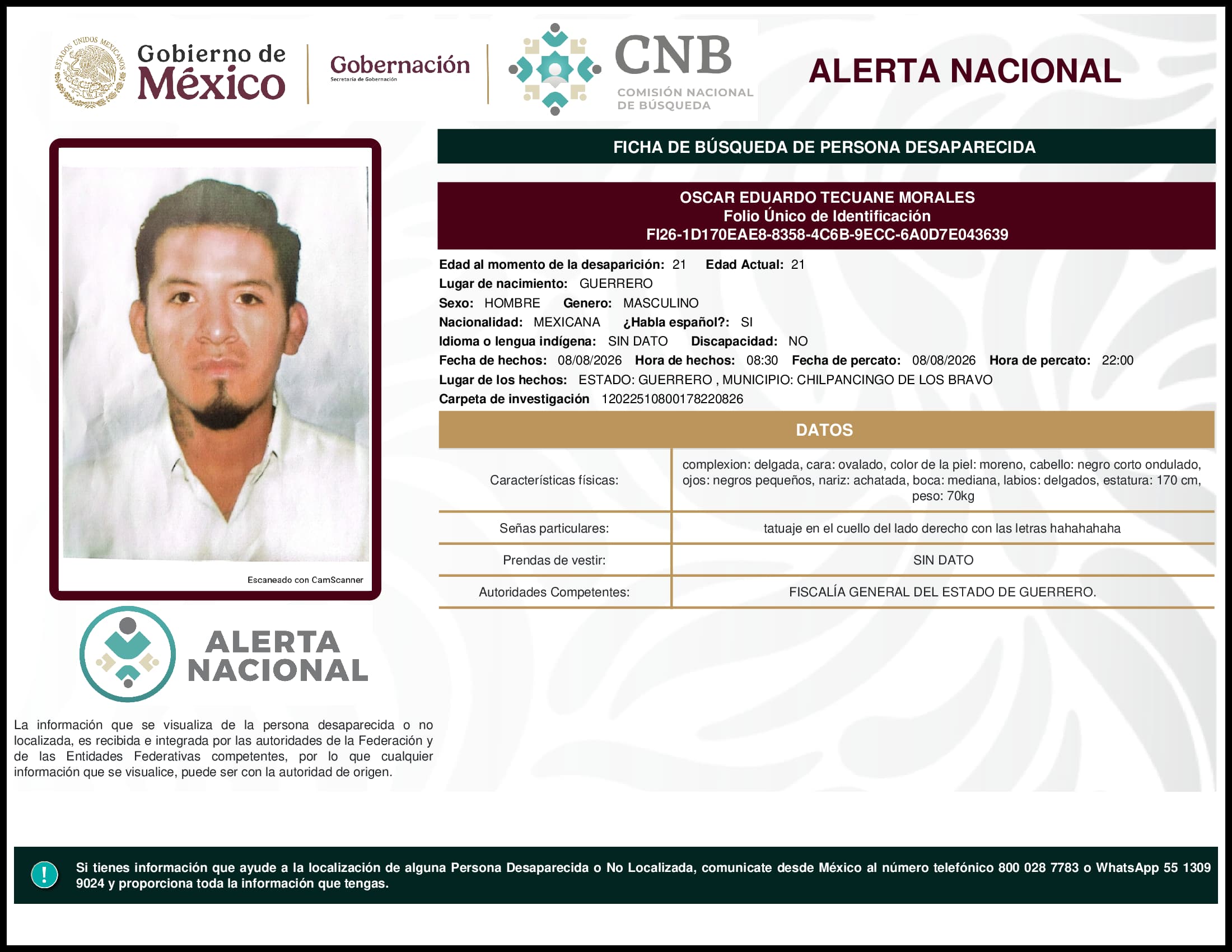 Persona desaparecida Oscar Eduardo Tecuane Morales