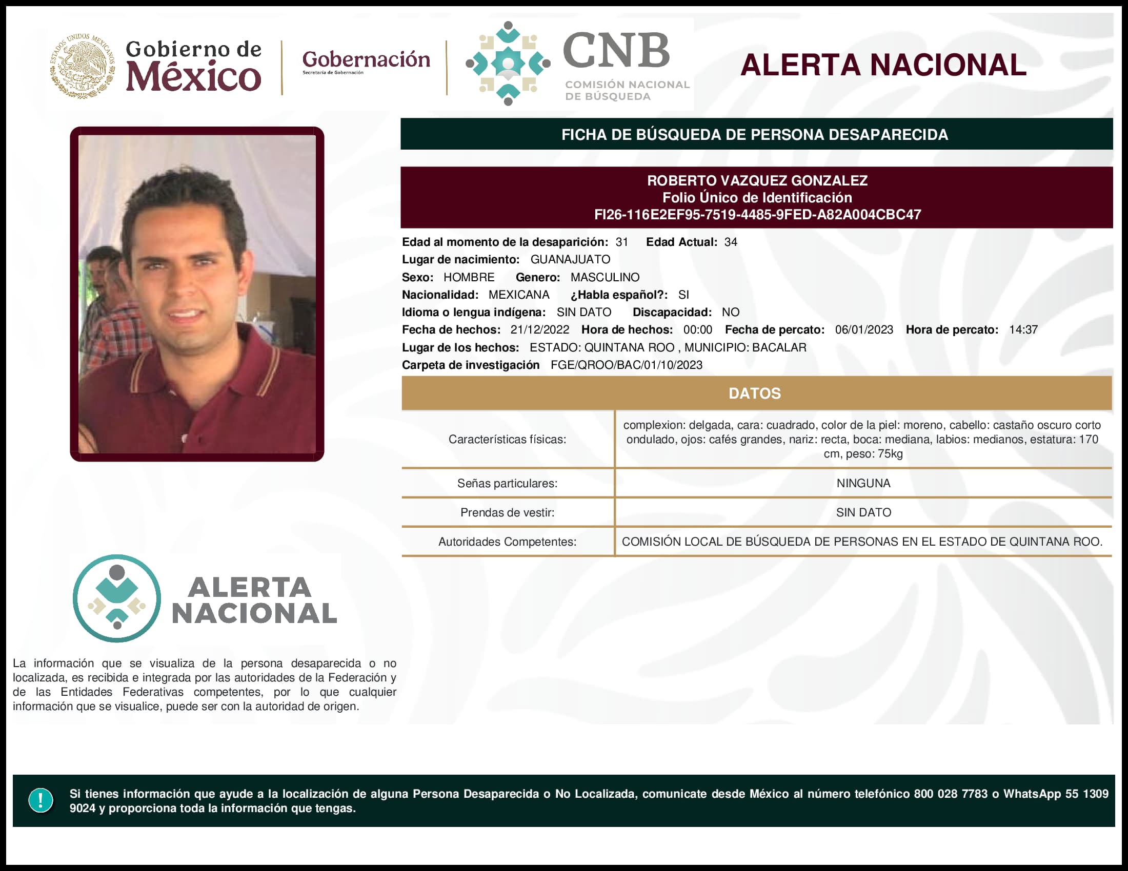 Persona desaparecida Roberto Vazquez Gonzalez
