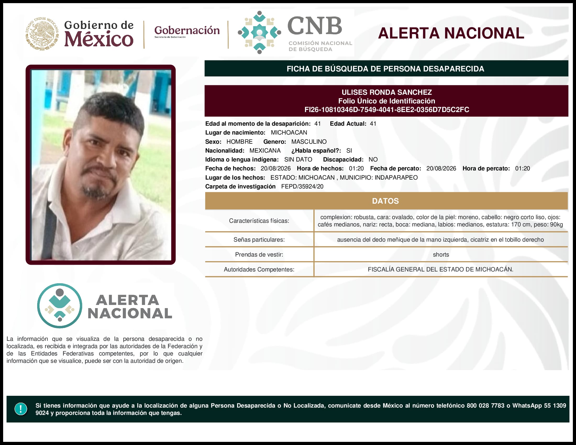 Persona desaparecida Ulises Ronda Sanchez
