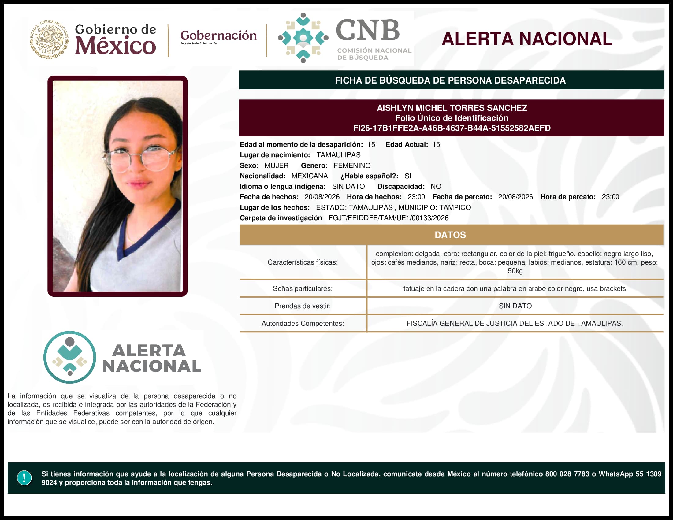 Persona desaparecida Aishlyn Michel Torres Sanchez