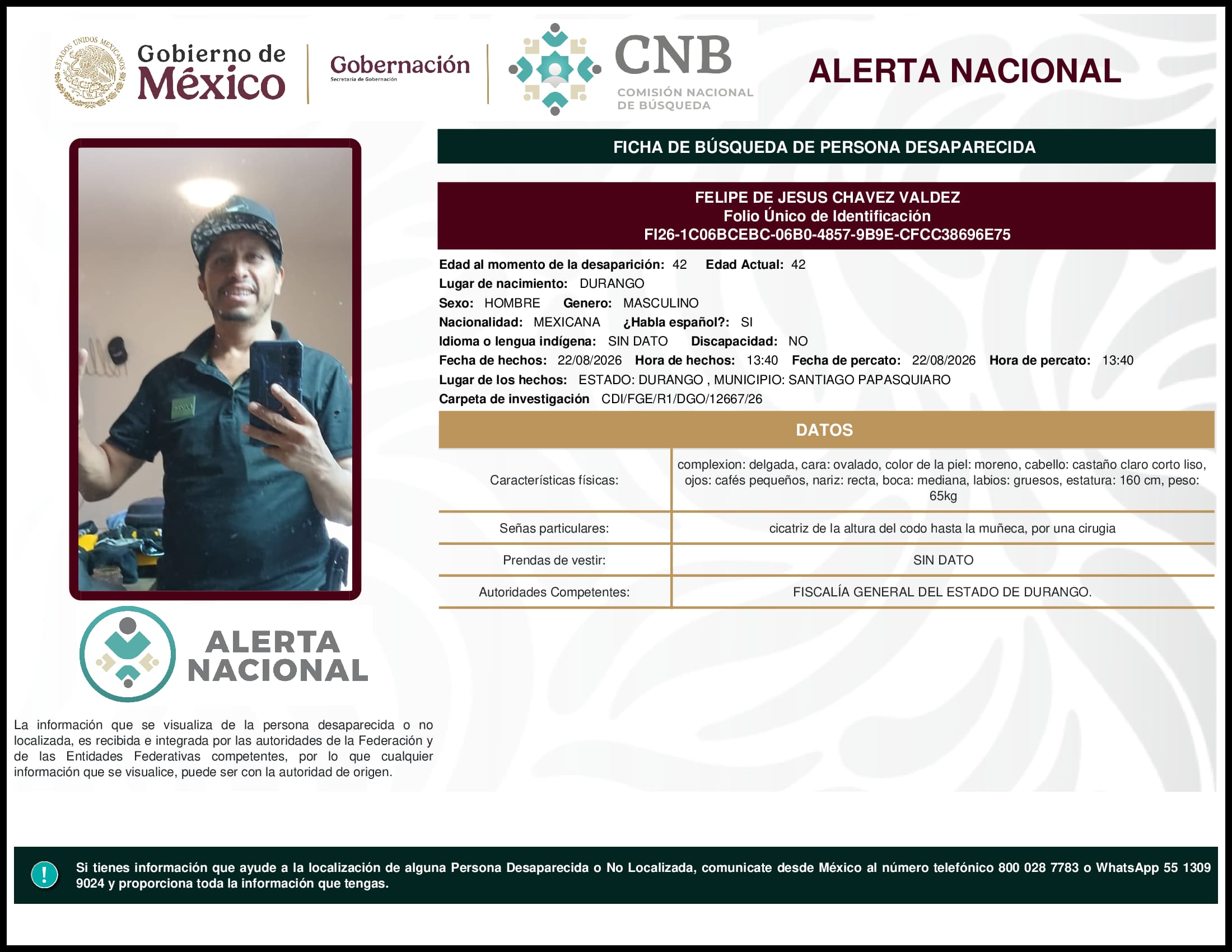 Persona desaparecida Felipe De Jesus Chavez Valdez