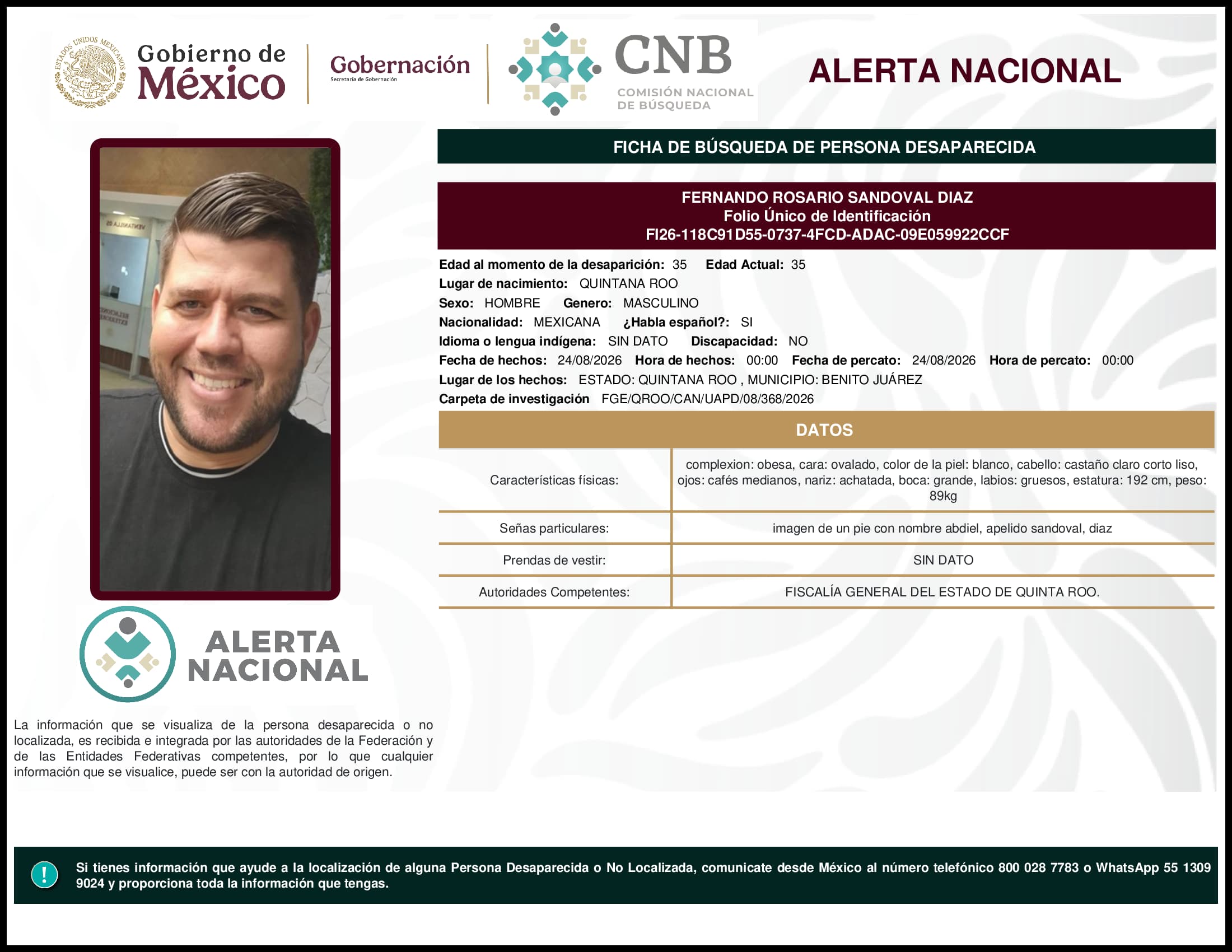 Persona desaparecida Fernando Rosario Sandoval Diaz