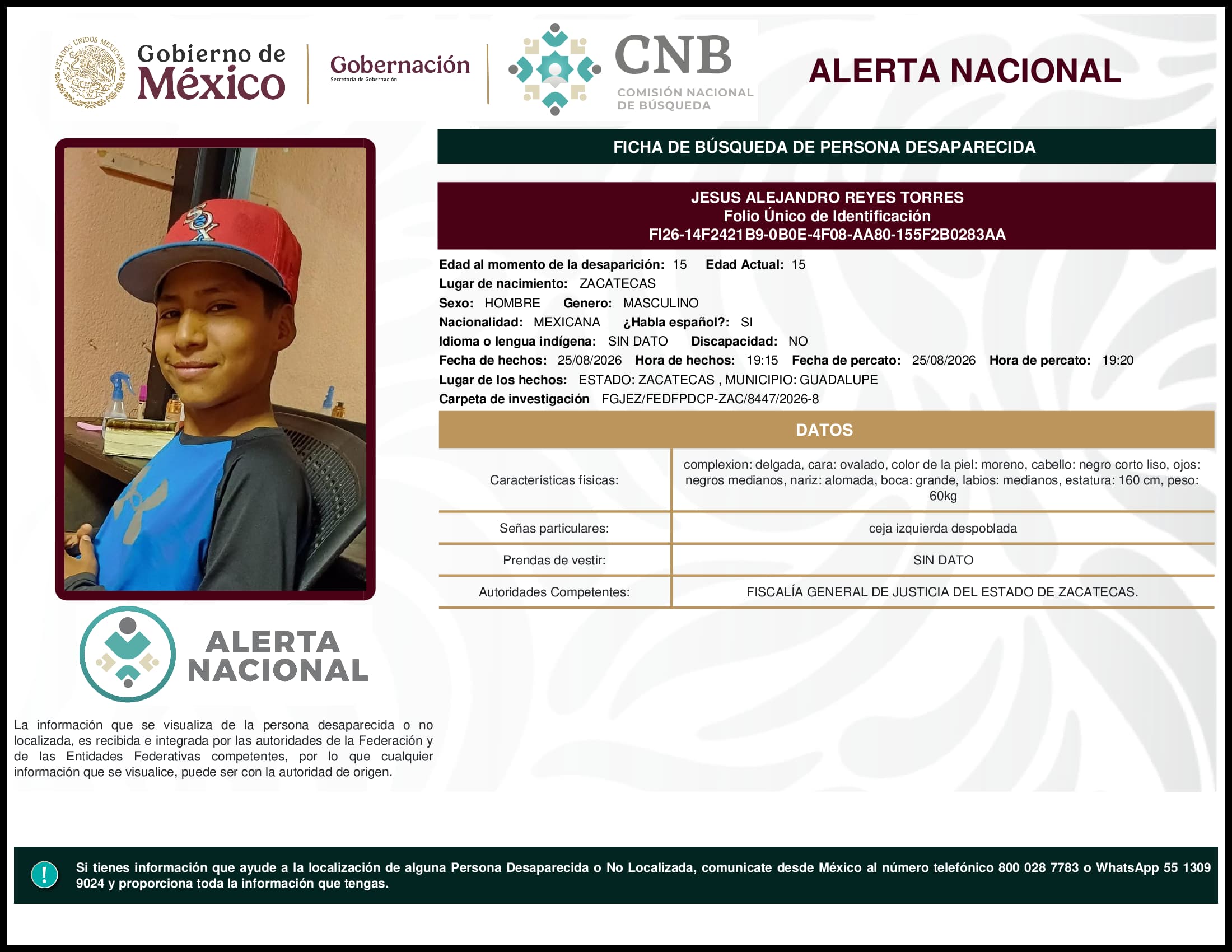 Persona desaparecida Jesus Alejandro Reyes Torres