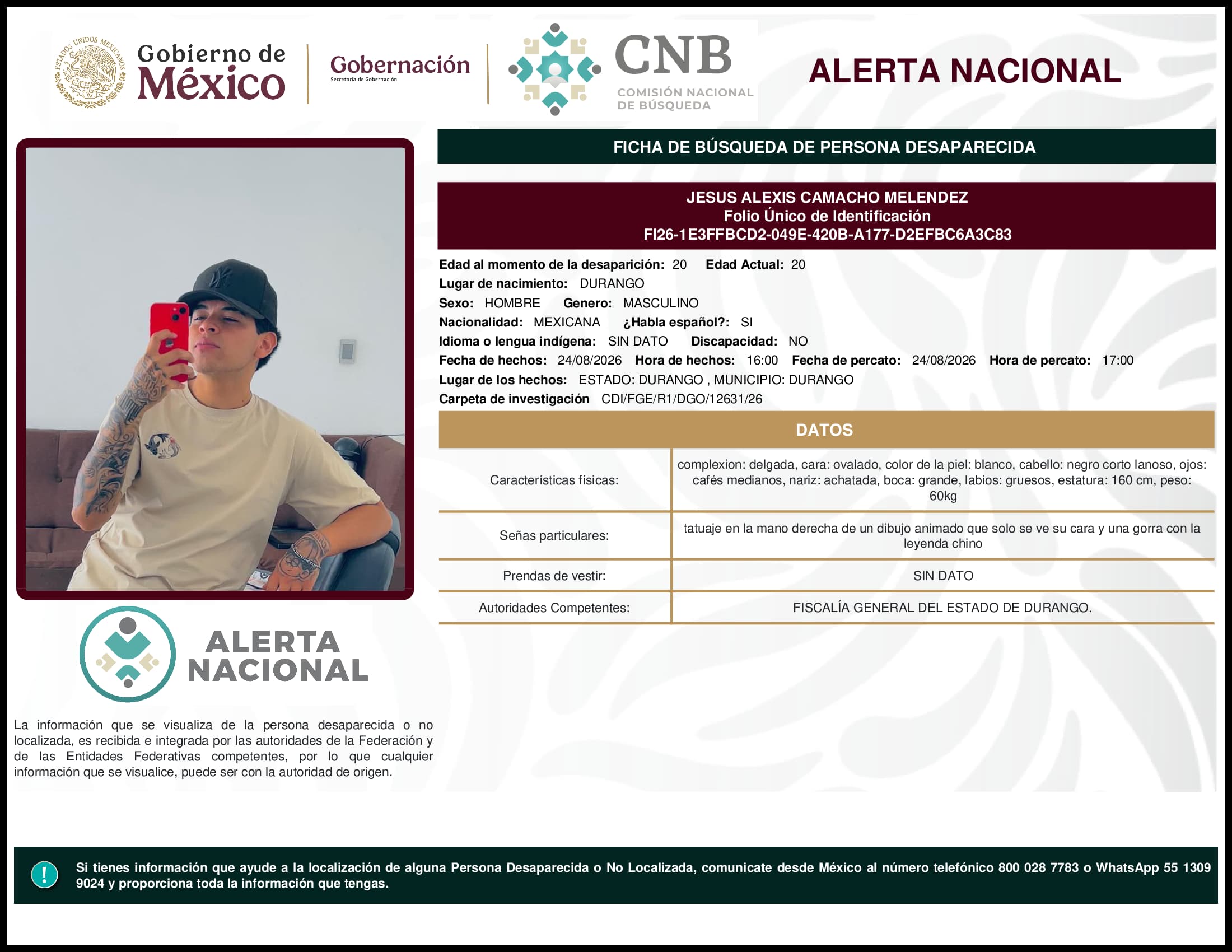 Persona desaparecida Jesus Alexis Camacho Melendez